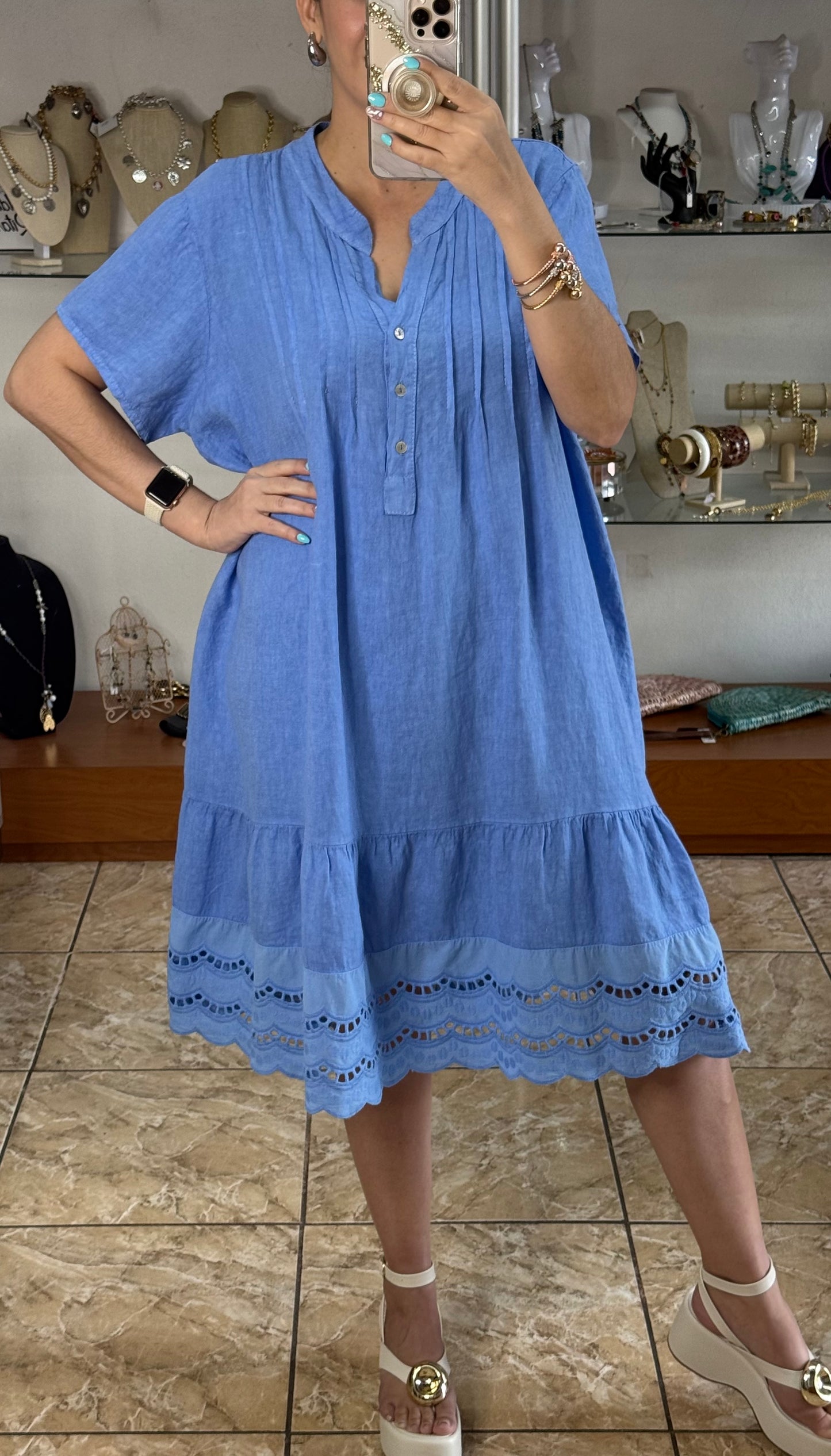 Eyelet Trim OS Linen Midi Dress (FINAL SALE)
