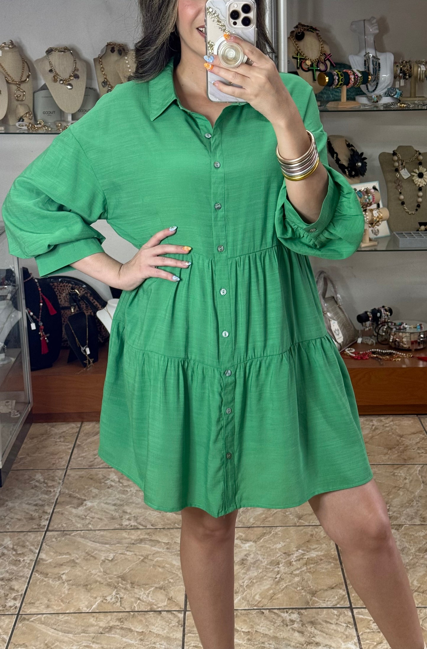 Long Sleeves Green Doll Dress