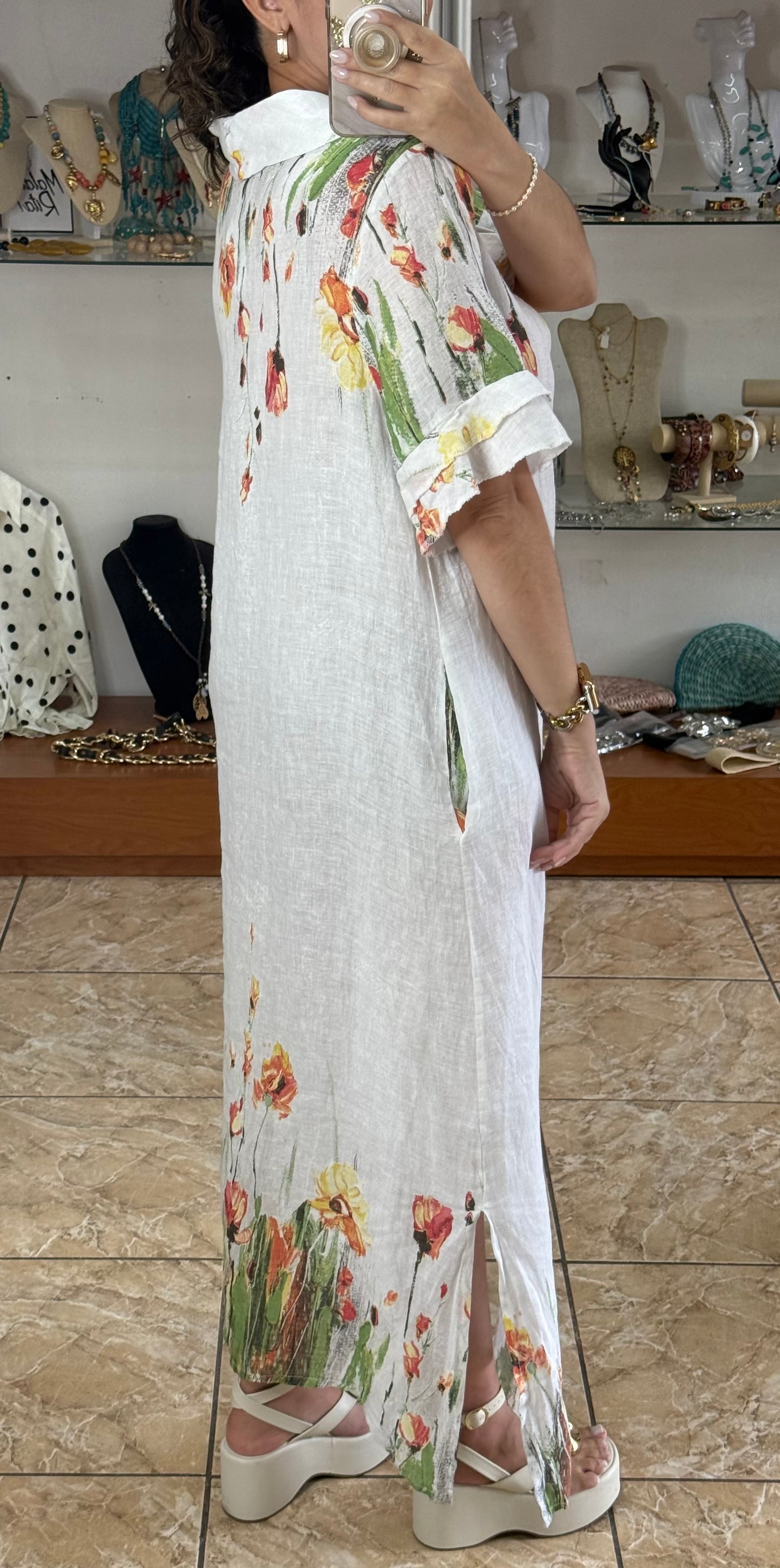 Orange Flowers OS Linen Maxi Dress (NO RETURNS OR EXCHANGE)