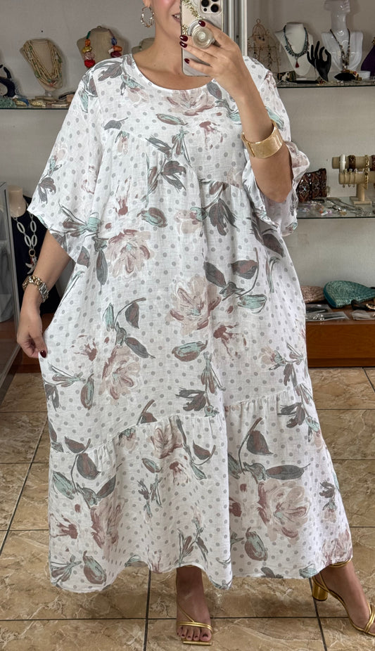 OS Floral/Polkadots Linen Dress (NO RETURNS OR EXCHANGE)