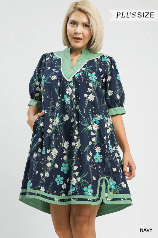 Floral Puff Sleeve Dress with Contrast Trim (PLUS)