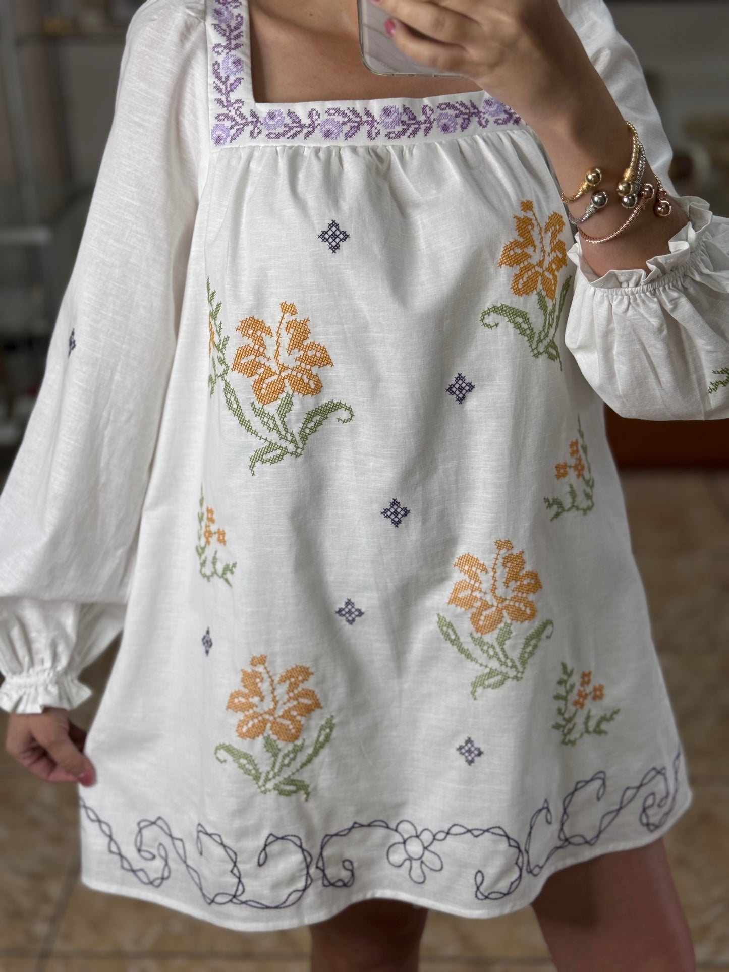 Long Sleeves Embroidered Mini Dress (FINAL SALE)