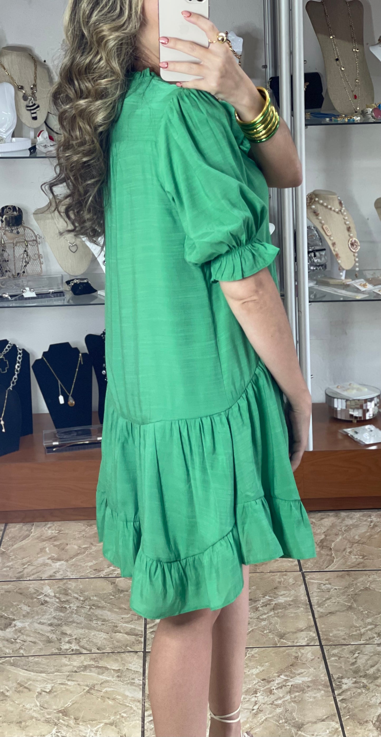 Puff Sleeve Short Green Dress