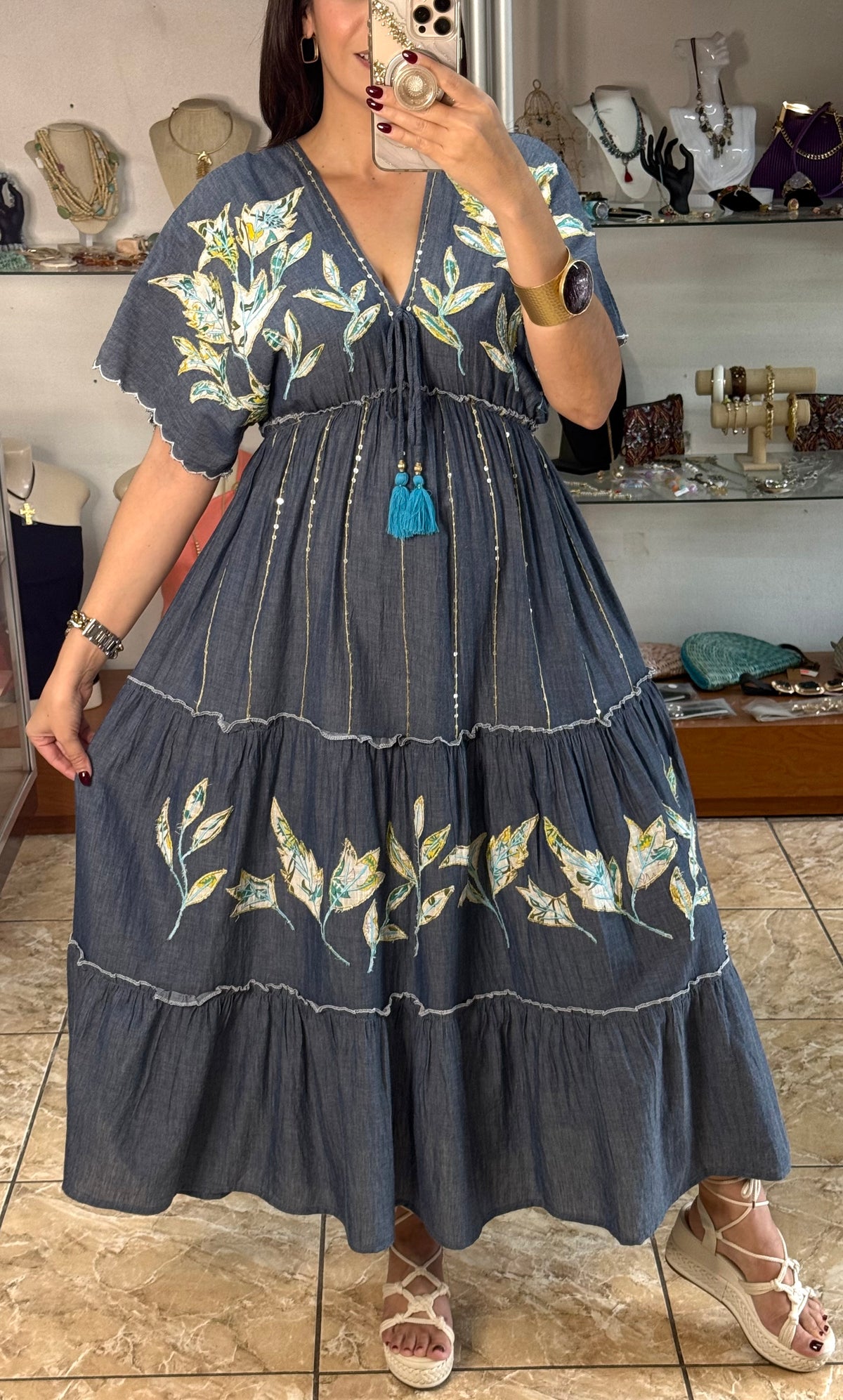 Embroidered Chambray Maxi Dress