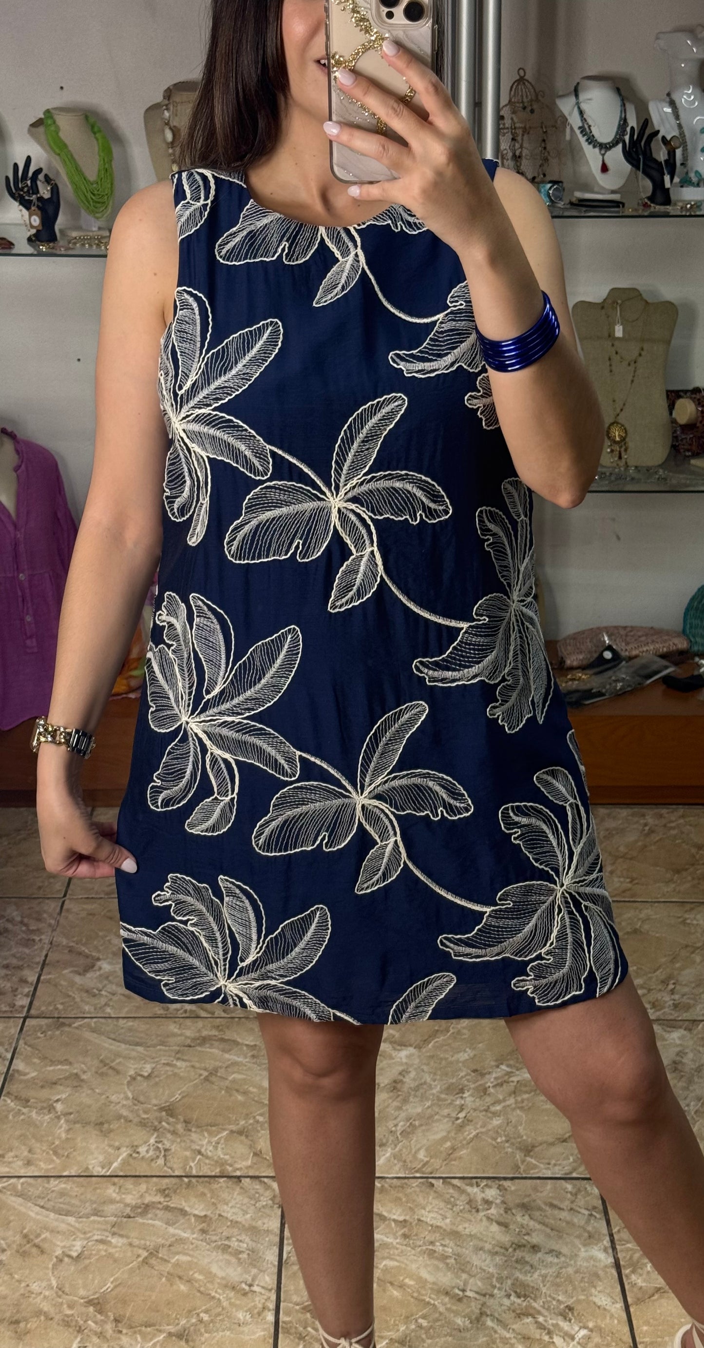 Navy Embroidered Sleeveless Dress