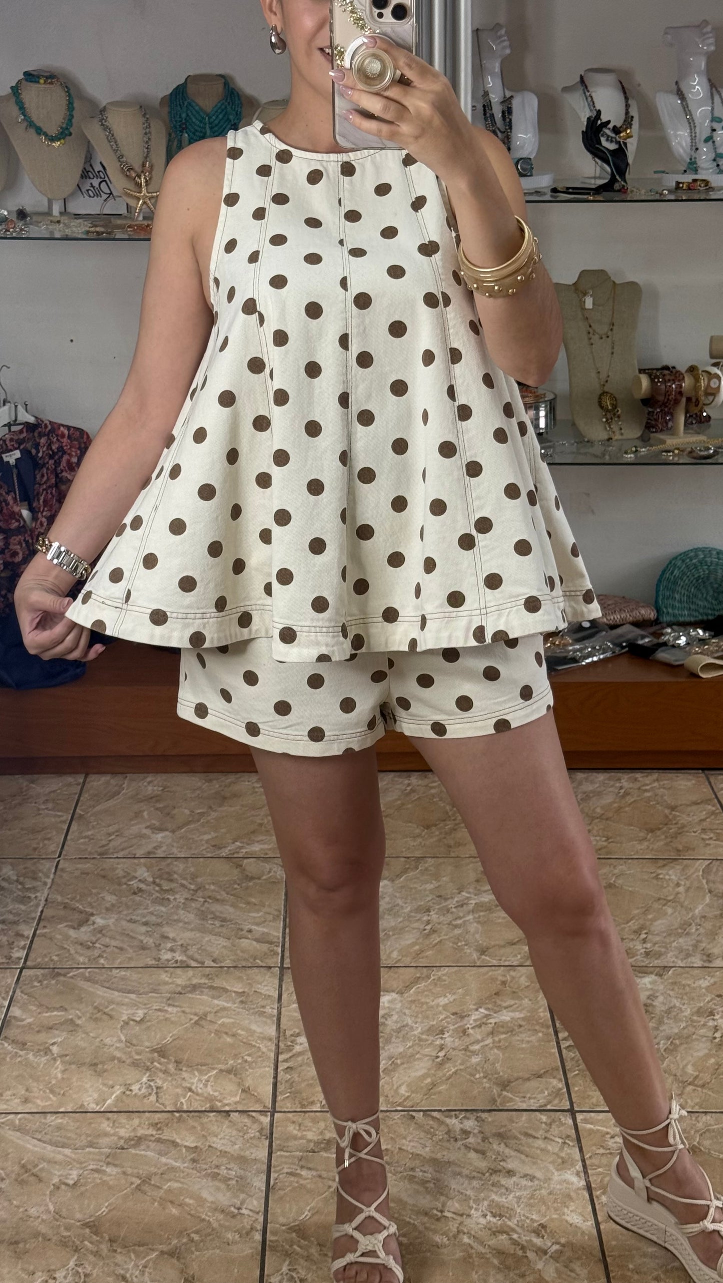Sleeveless Top & Short Polkadot Denim Set