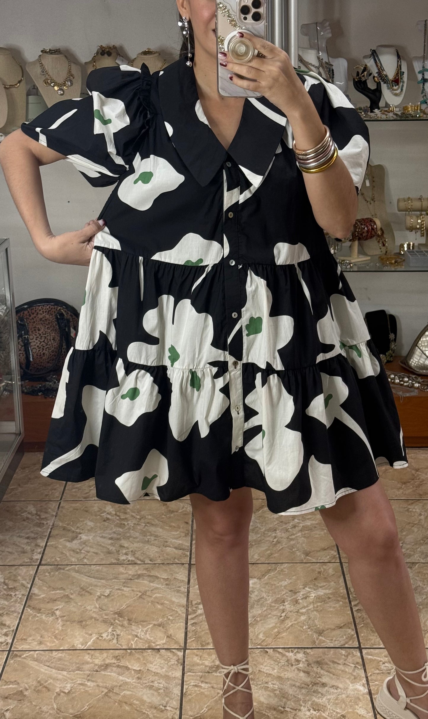 Puff Sleeves Black Floral Mini Doll Dress