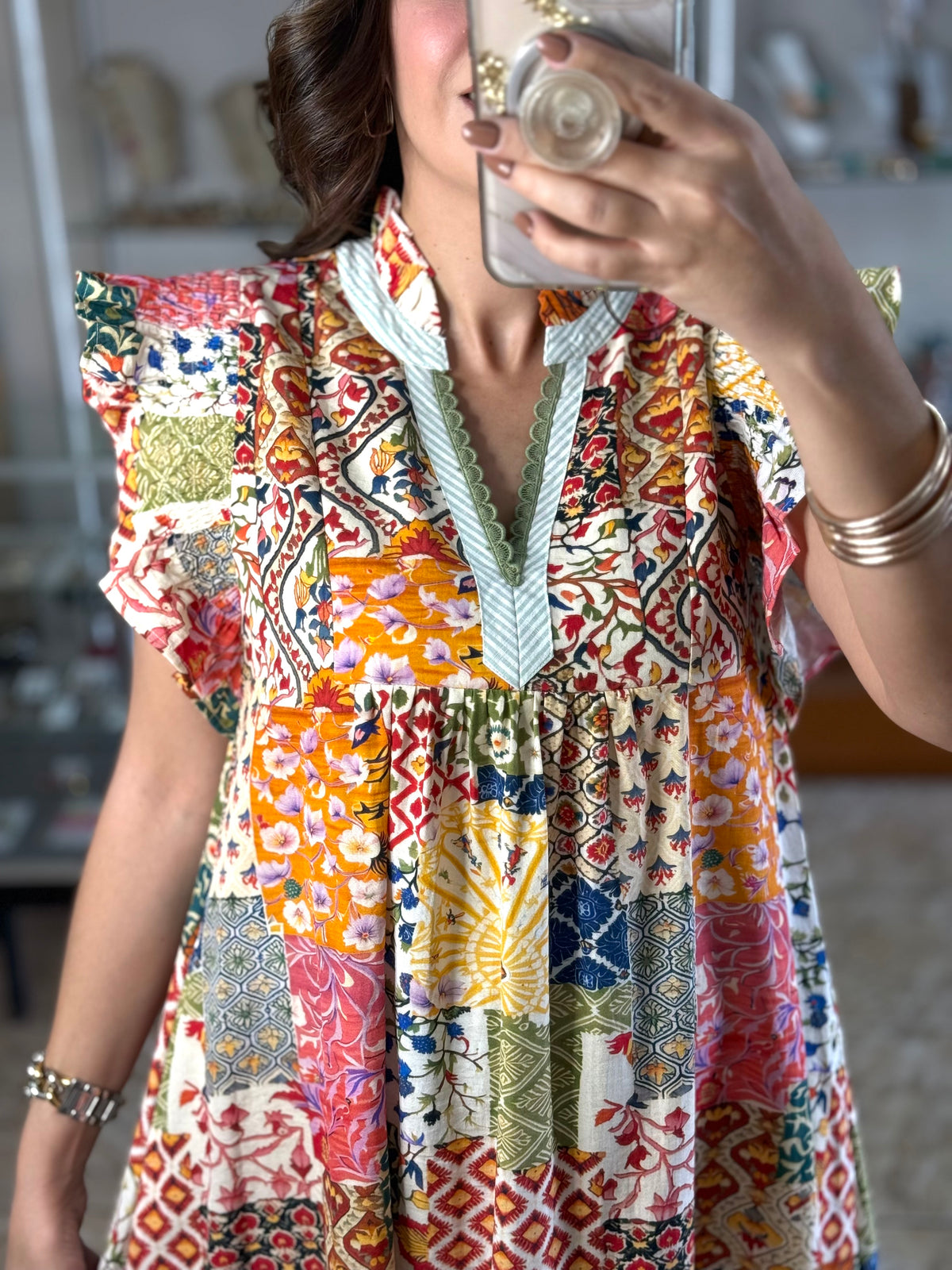 Patchwork Print Ruffle Sleeve Tiered Midi Dress