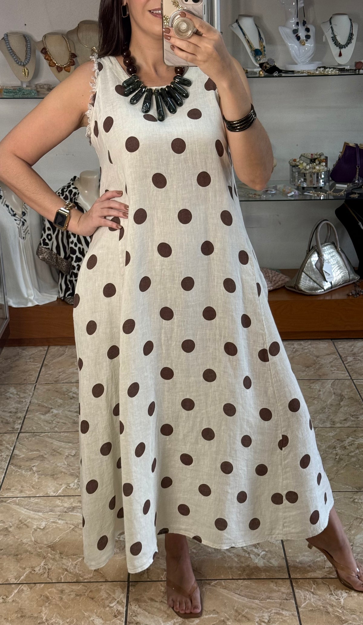 OS Linen Sleeveless Polka Dots Dress (NO RETURNS OR EXCHANGE)