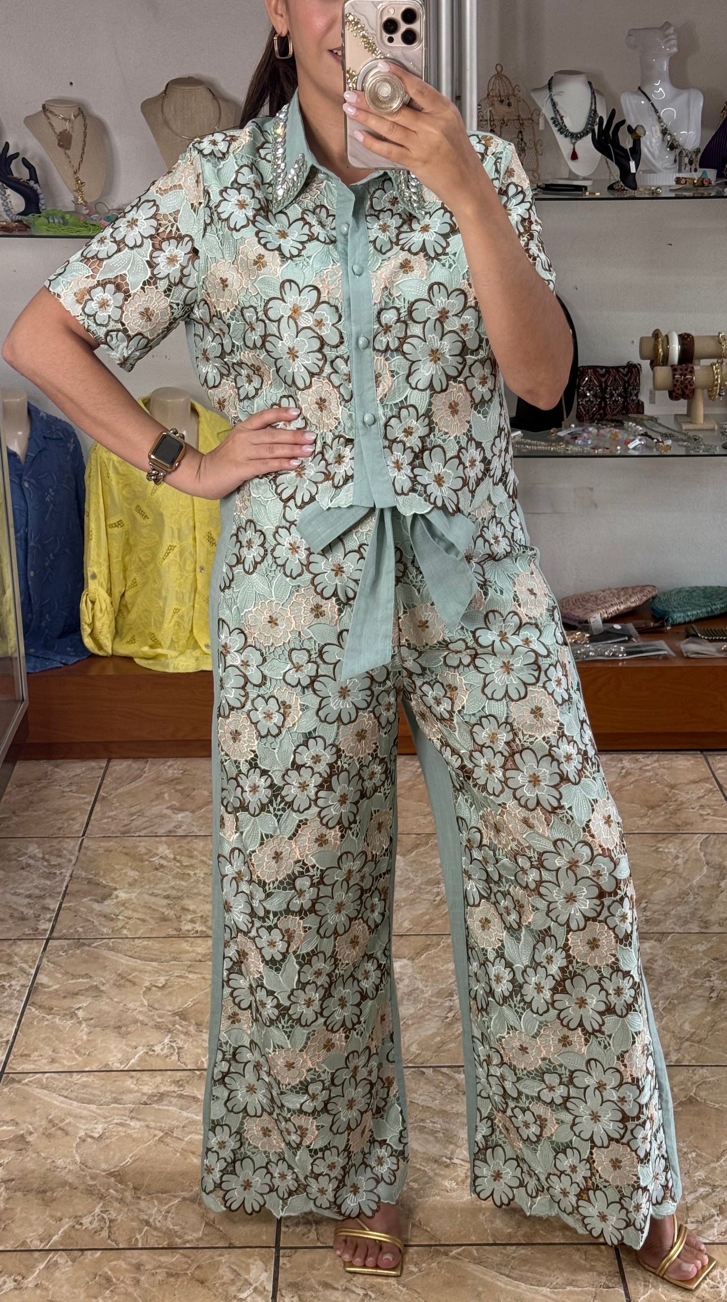 Sage Floral Lace Top & Pant Set