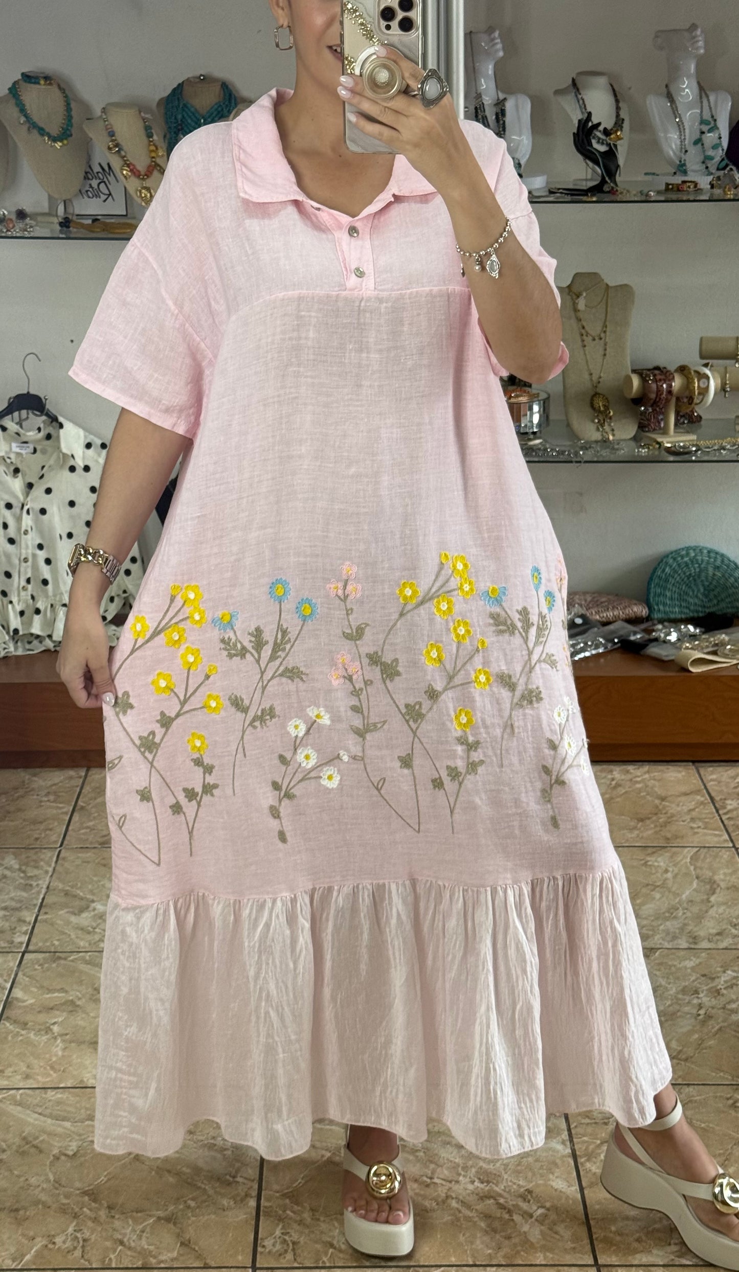 Floral Embroidered OS Linen Dress (NO RETURNS OR EXCHANGE)