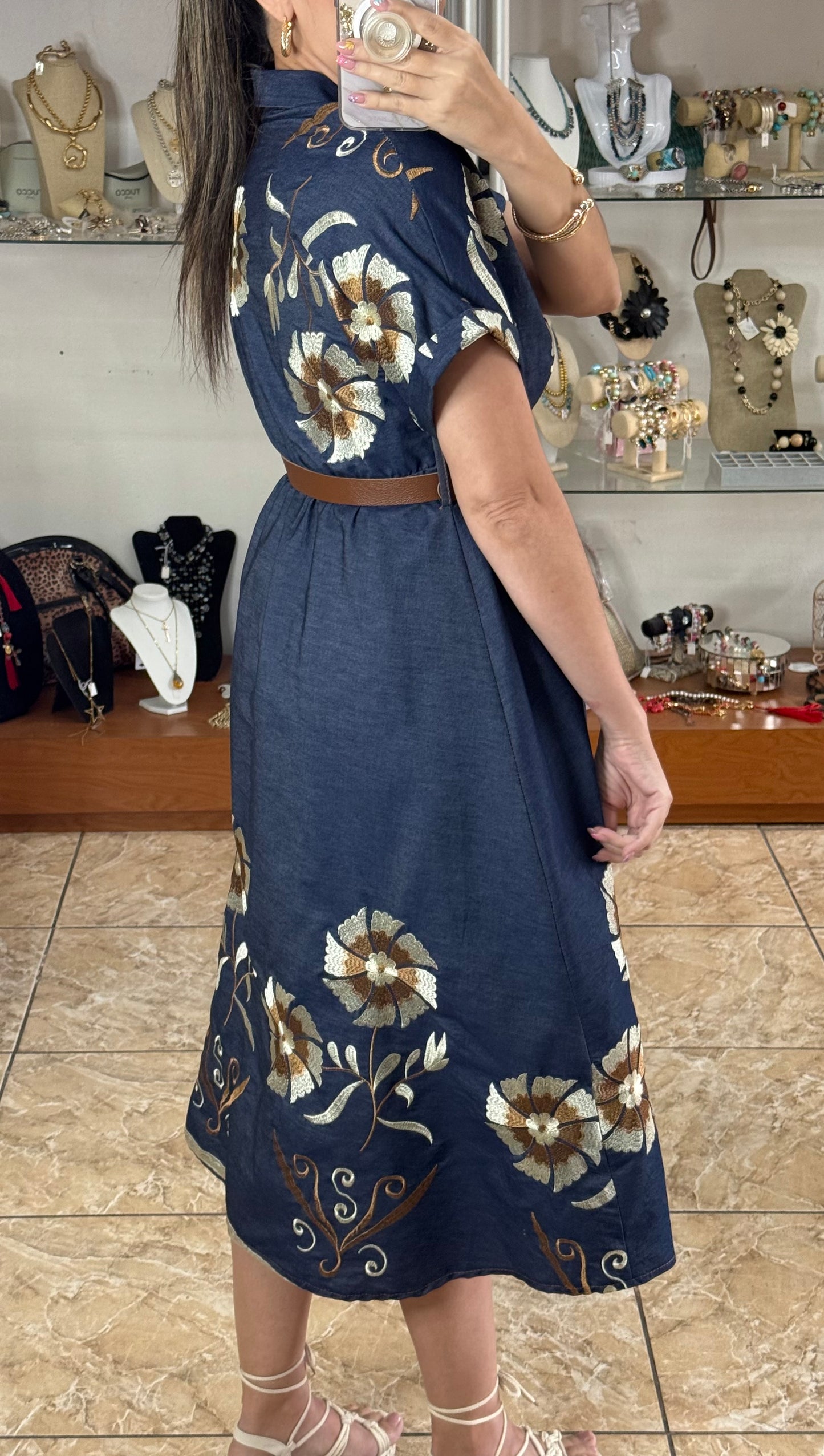 Floral Embroidered OS Denim Dress (FINAL SALE)