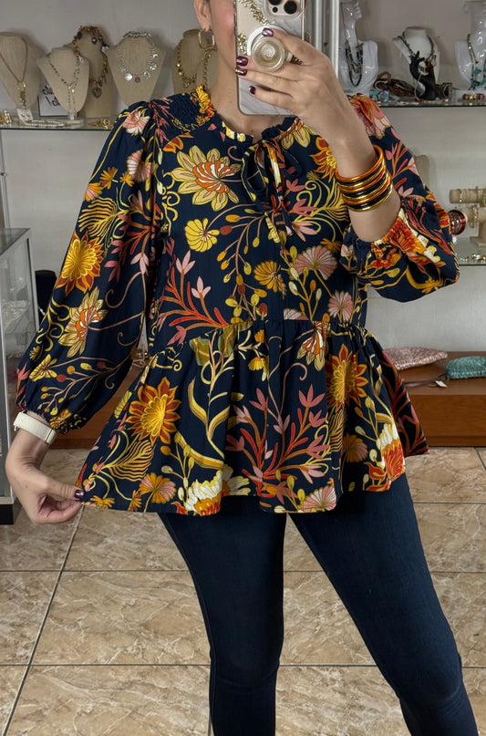 Navy/Orange Mix Floral Top