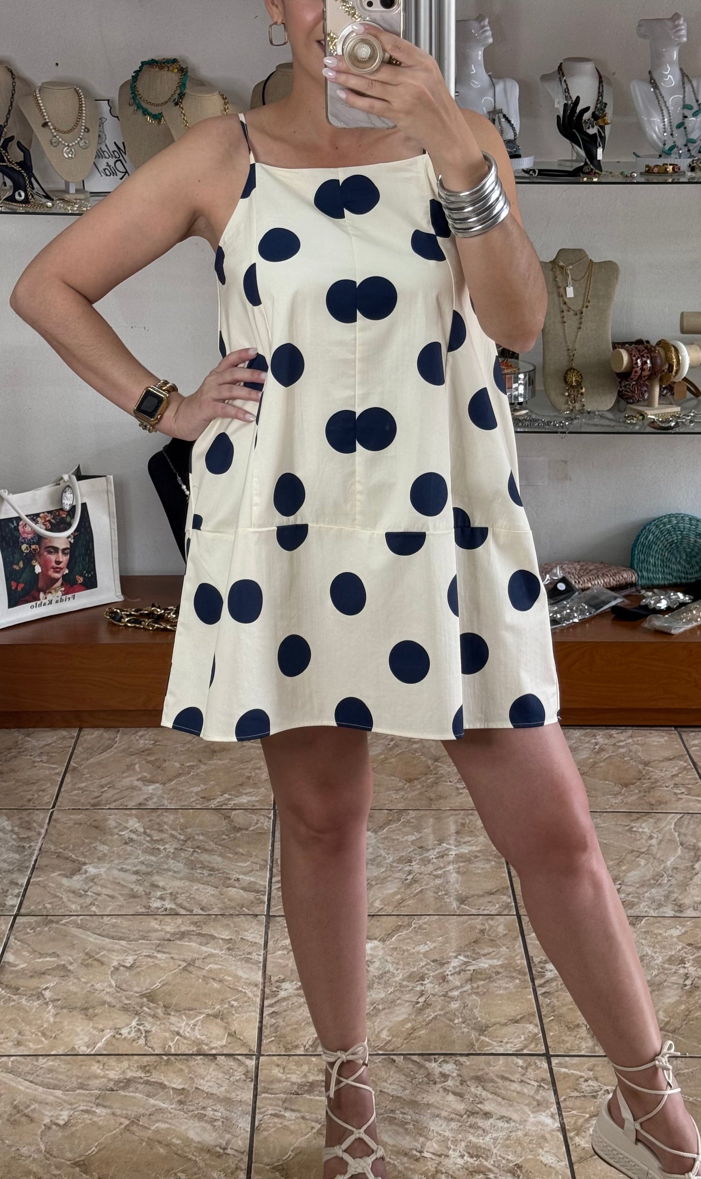 Cream/Navy Big Polkadots Mini Dress