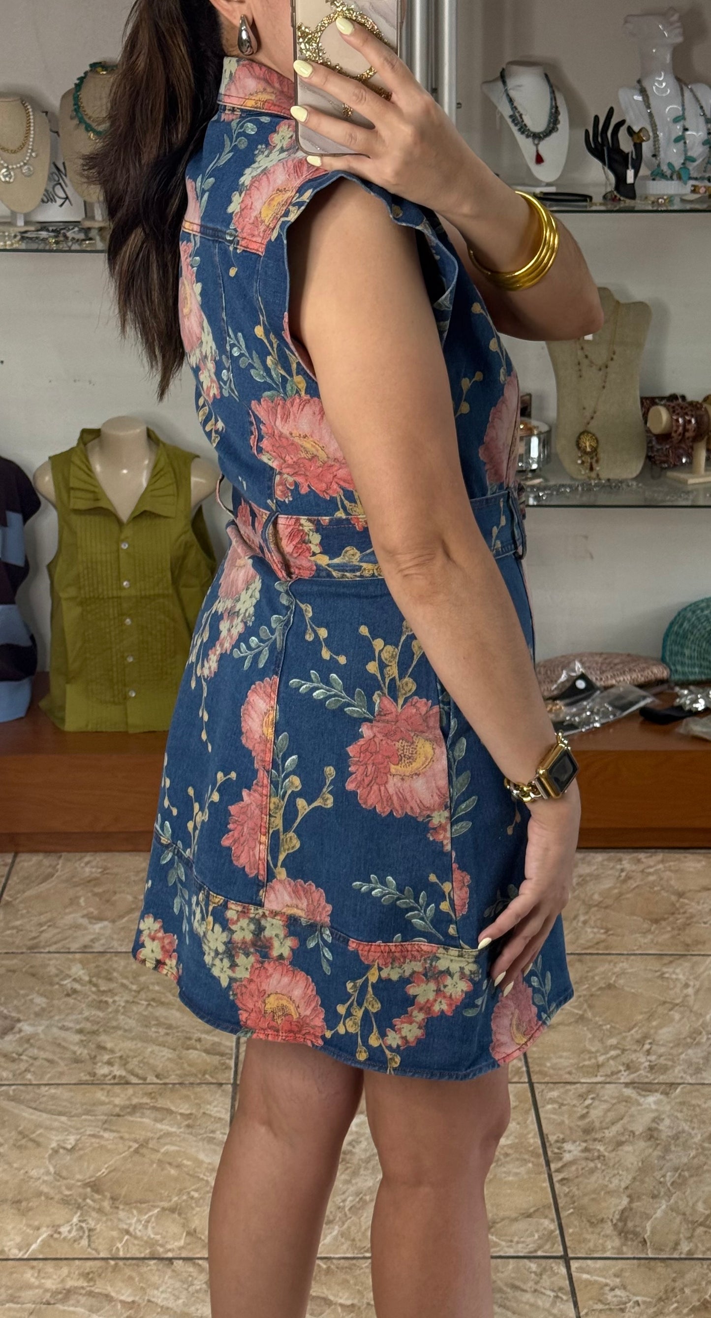 Denim Floral Belted Mini Dress