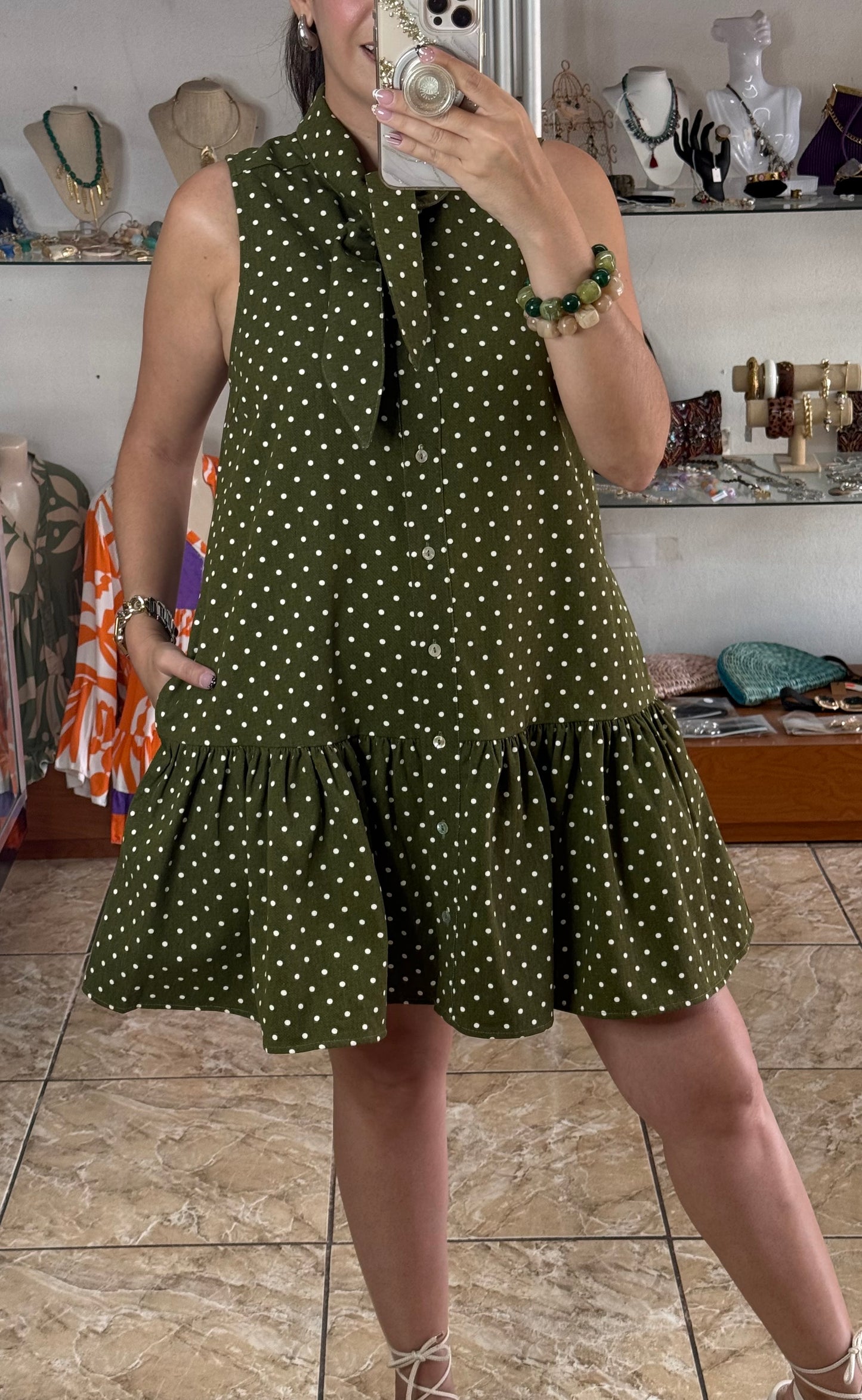 Olive Sleeveless Polkadot Mini Denim Dress
