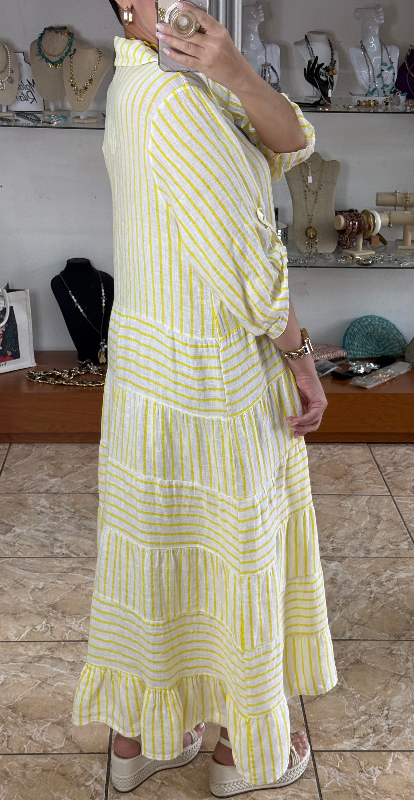 OS Linen Stripes Button Down Maxi Dress (NO RETURNS OR EXCHANGE)