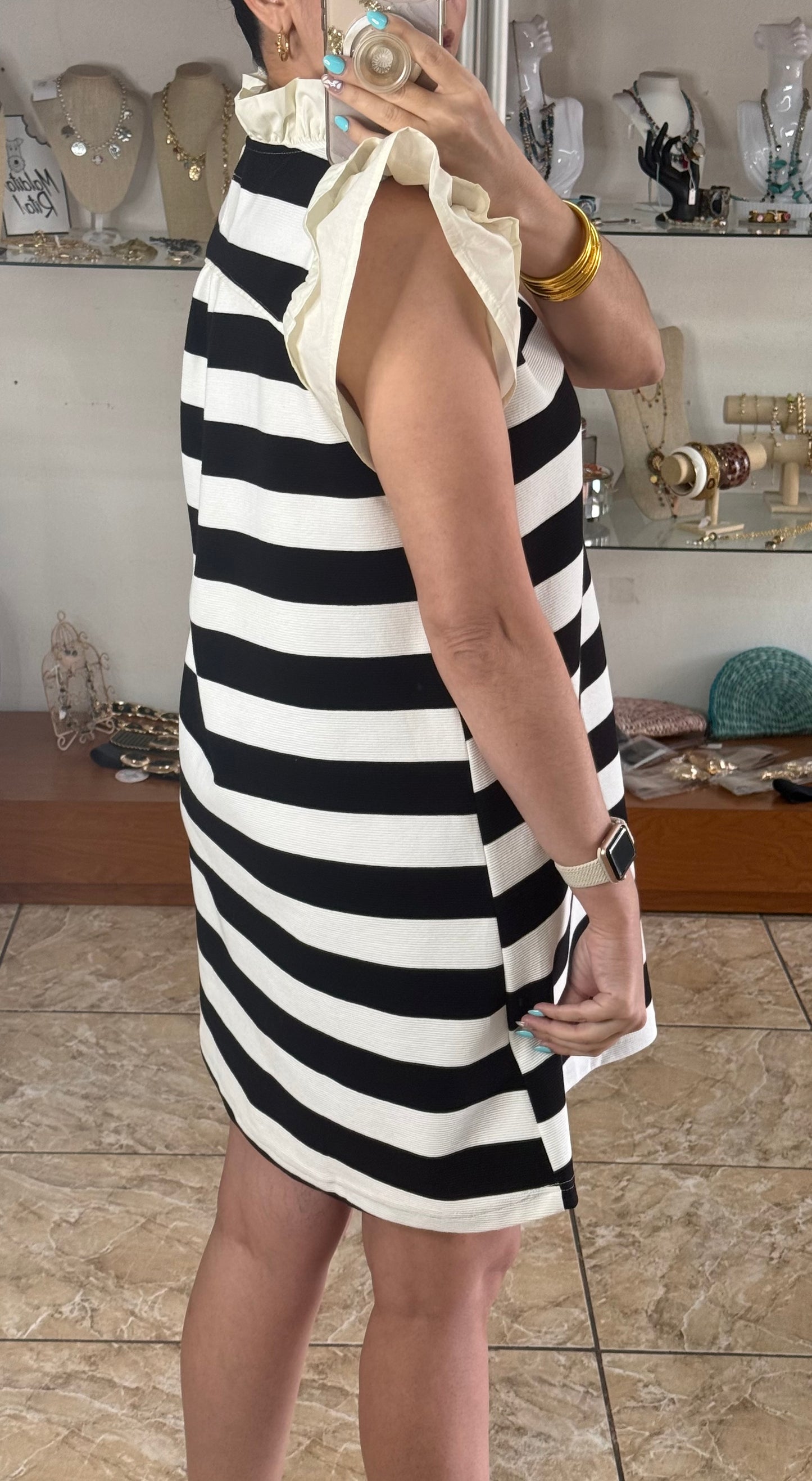 Ruffle Sleeve Black Stripes Dress