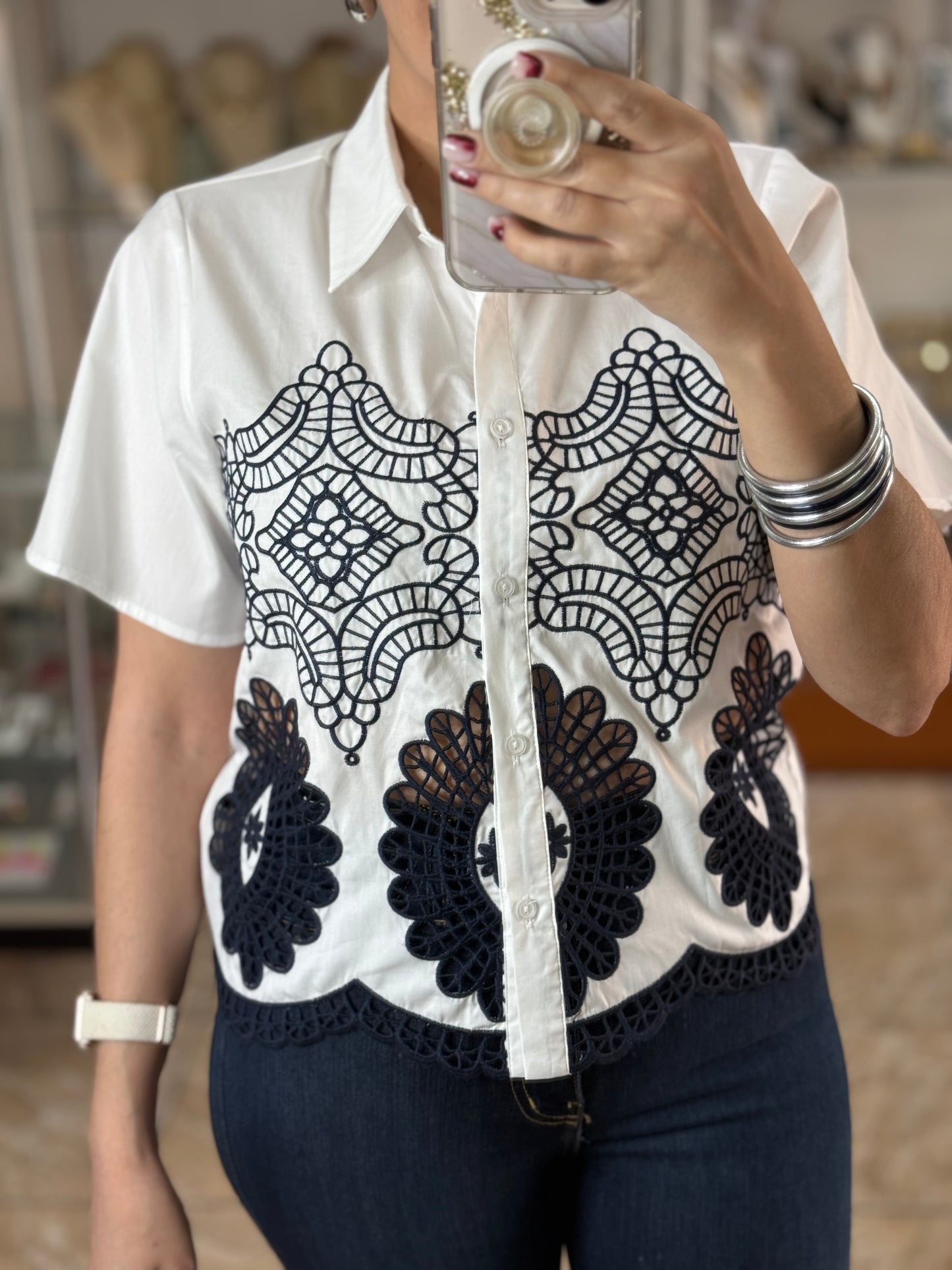 White/Navy Button Down Top (FINAL SALE)