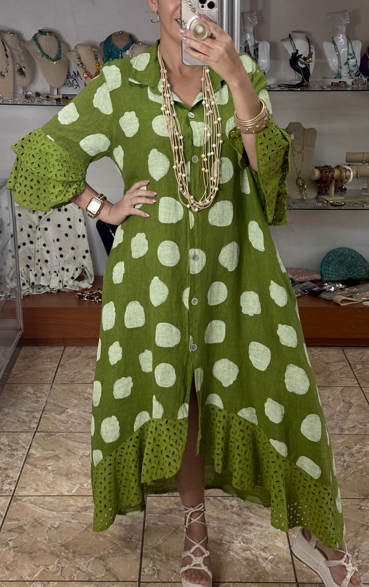 Polkadots/Eyelet OS Linen Maxi Dress (NO RETURNS OR EXCHANGE)