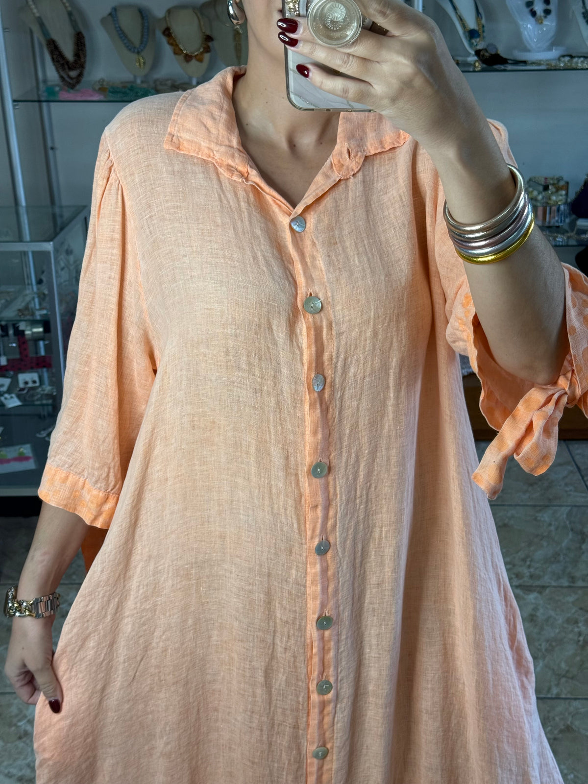 OS Linen/Polka Button Down Maxi Dress (NO RETURNS OR EXCHANGE)