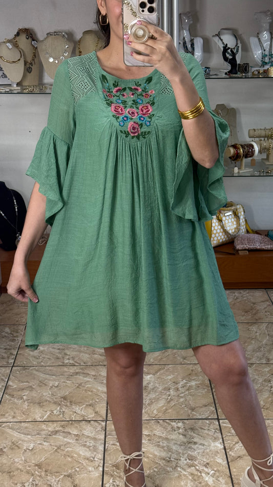Sage Floral Embroidered Dress (FINAL SALE)