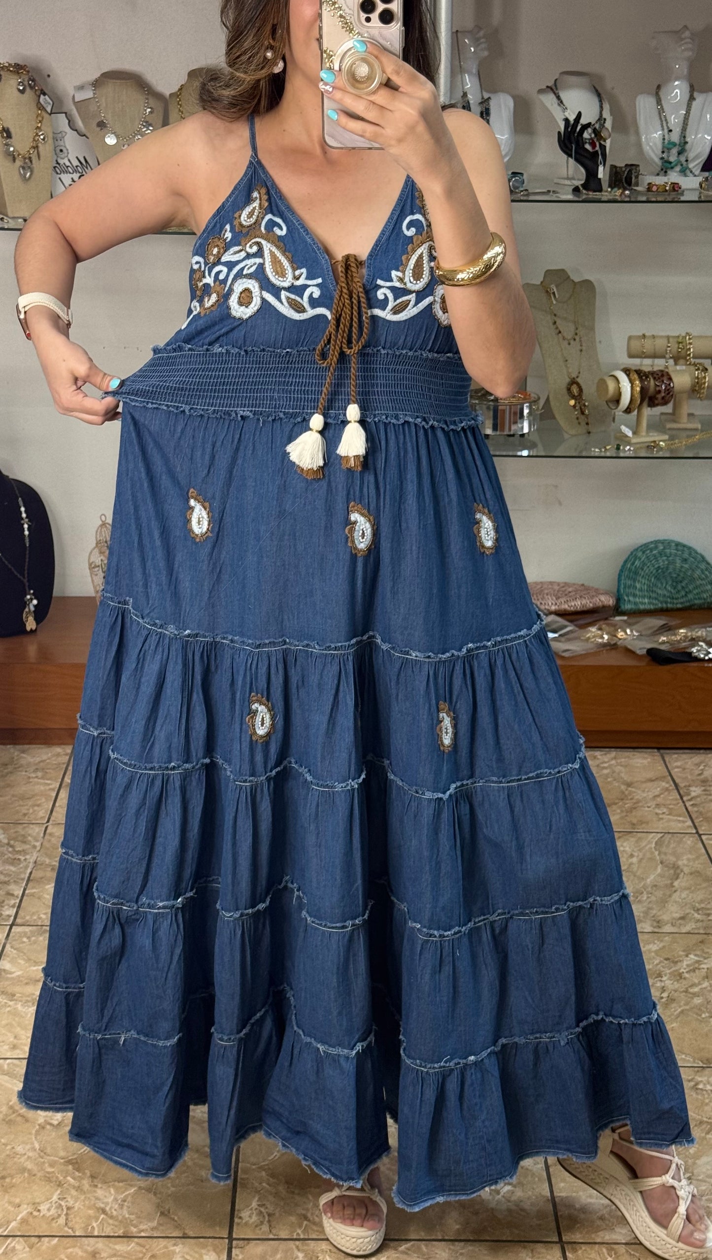 OS Embroidered Denim Maxi Dress (NO RETURNS OR EXCHANGE)