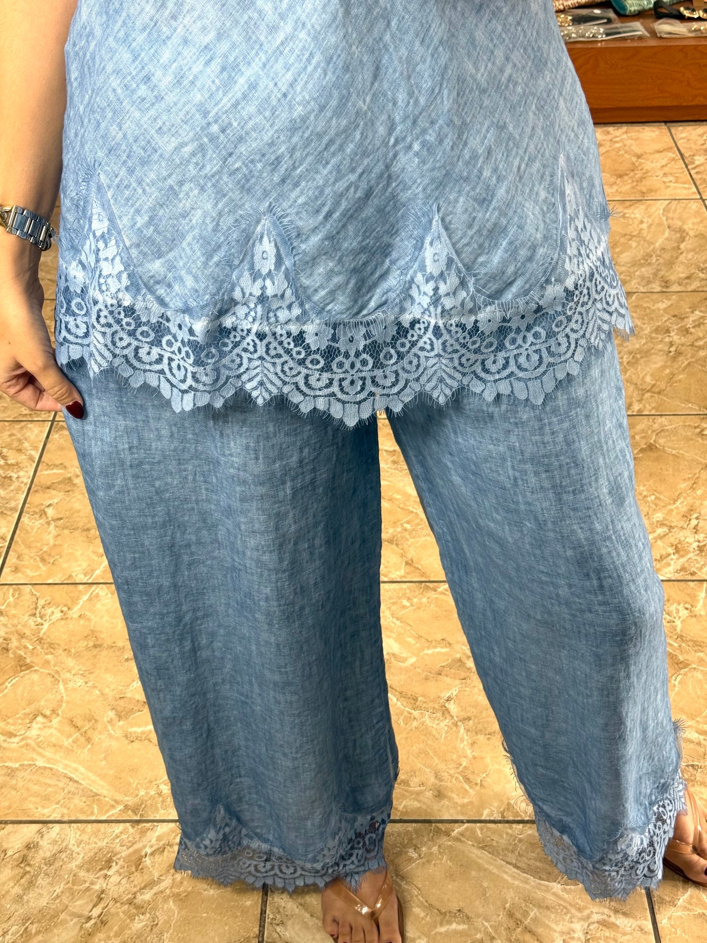 Linen/Lace Top & Pant OS Set (NO RETURNS OR EXCHANGE)