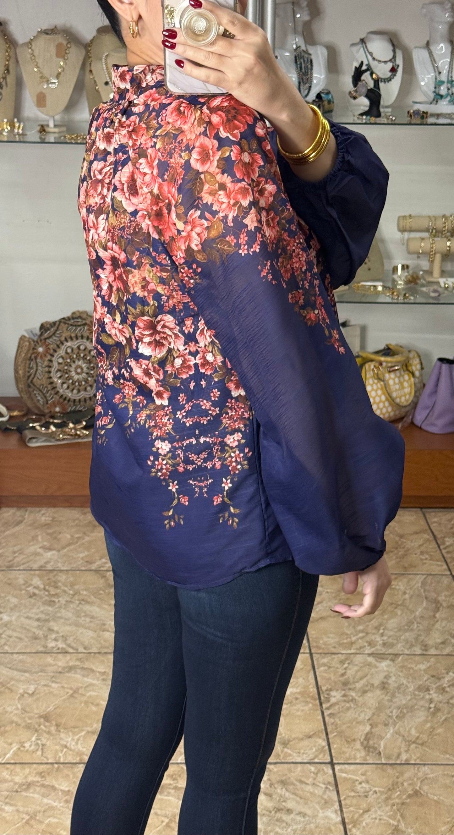 Navy Floral Button Down Top