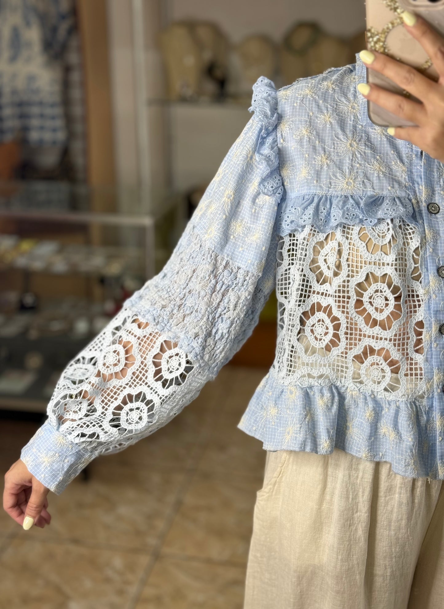 Baby Blue Embroidered Button Down Top