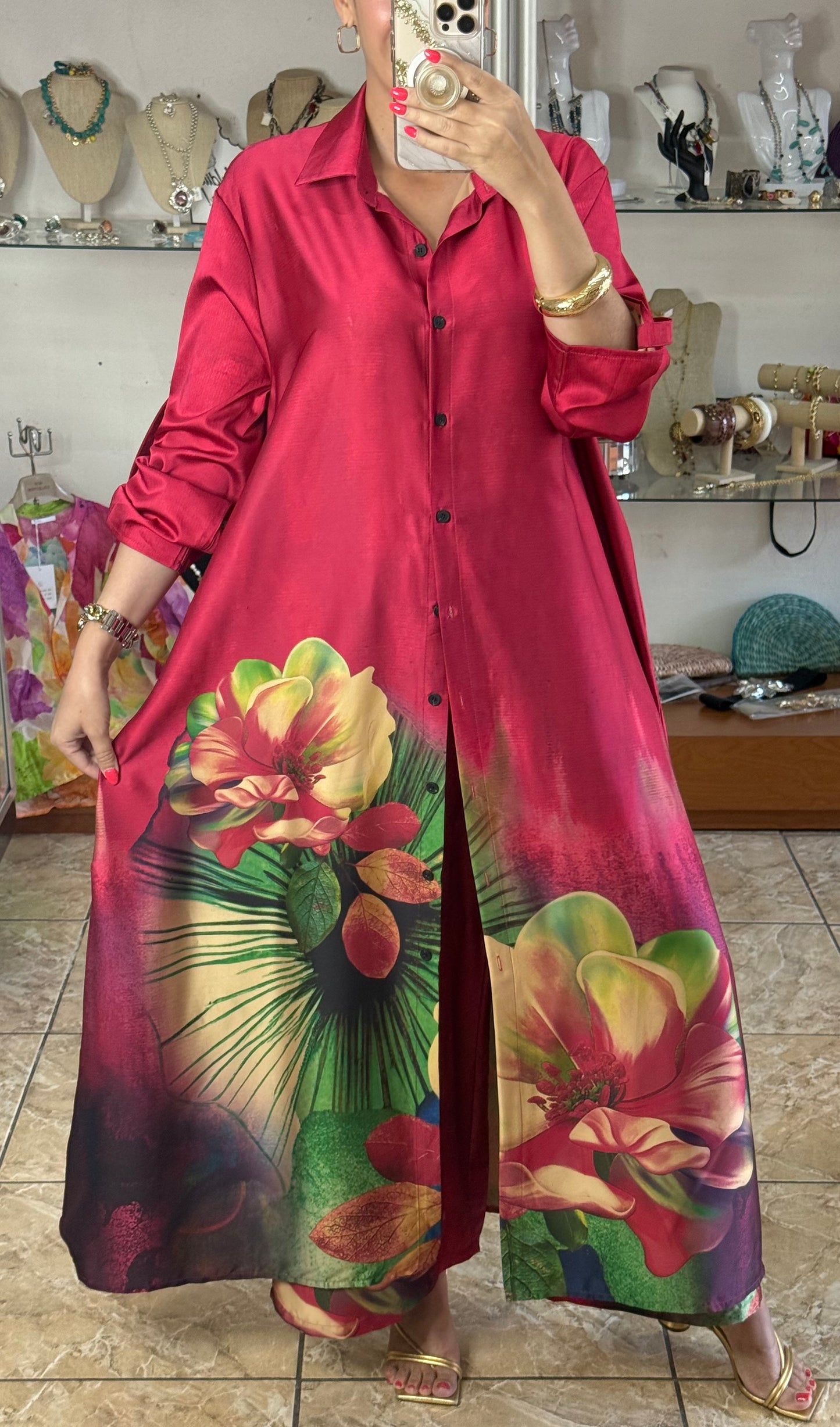 Pink Floral Silk OS Top/Dress & Pant Set (NO RETURNS OR EXCHANGE)