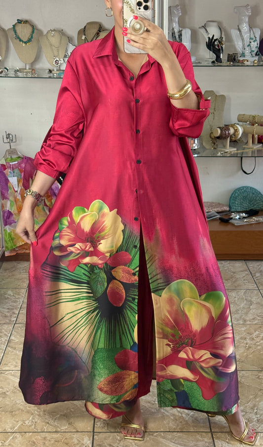 Pink Floral Silk OS Top/Dress & Pant Set (NO RETURNS OR EXCHANGE)