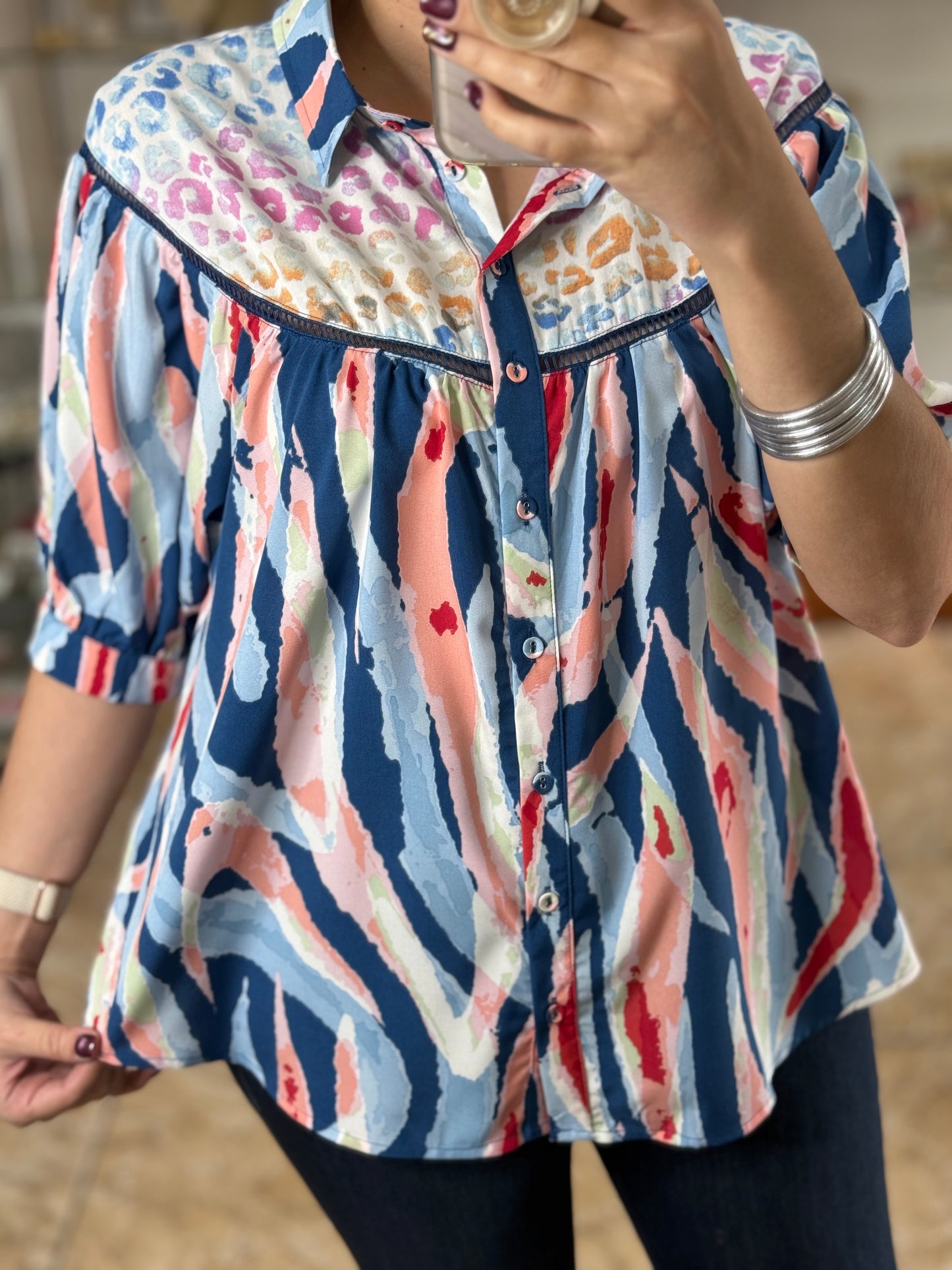 Blue Abstract Button Down Top