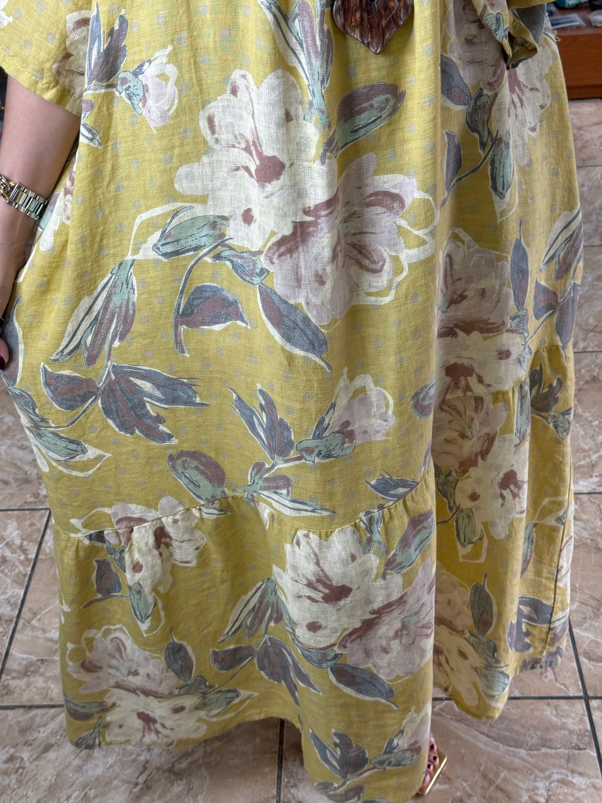 OS Floral/Polkadots Linen Dress (NO RETURNS OR EXCHANGE)