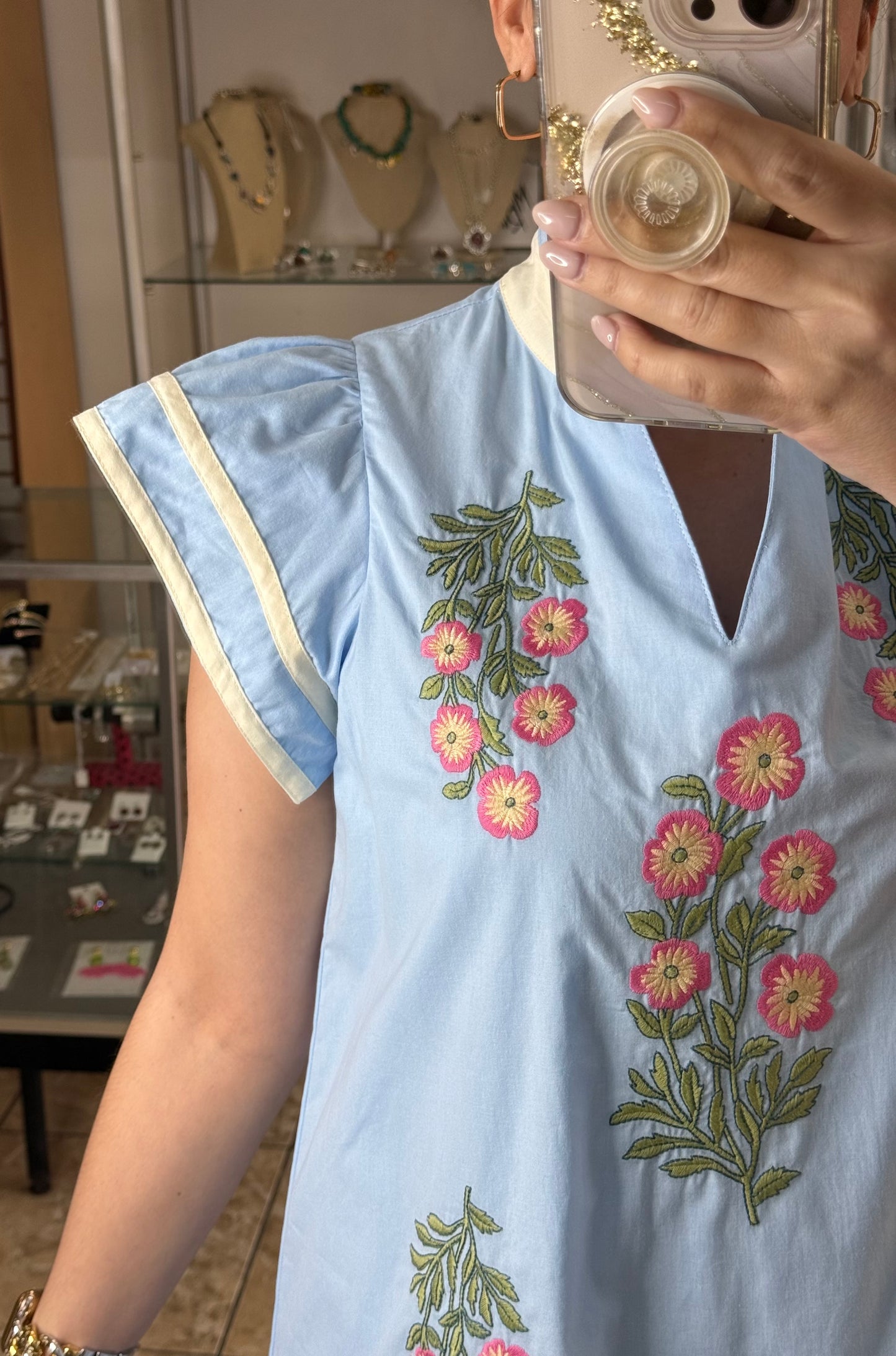 Sky Blue Floral Embroidered Mini Dress