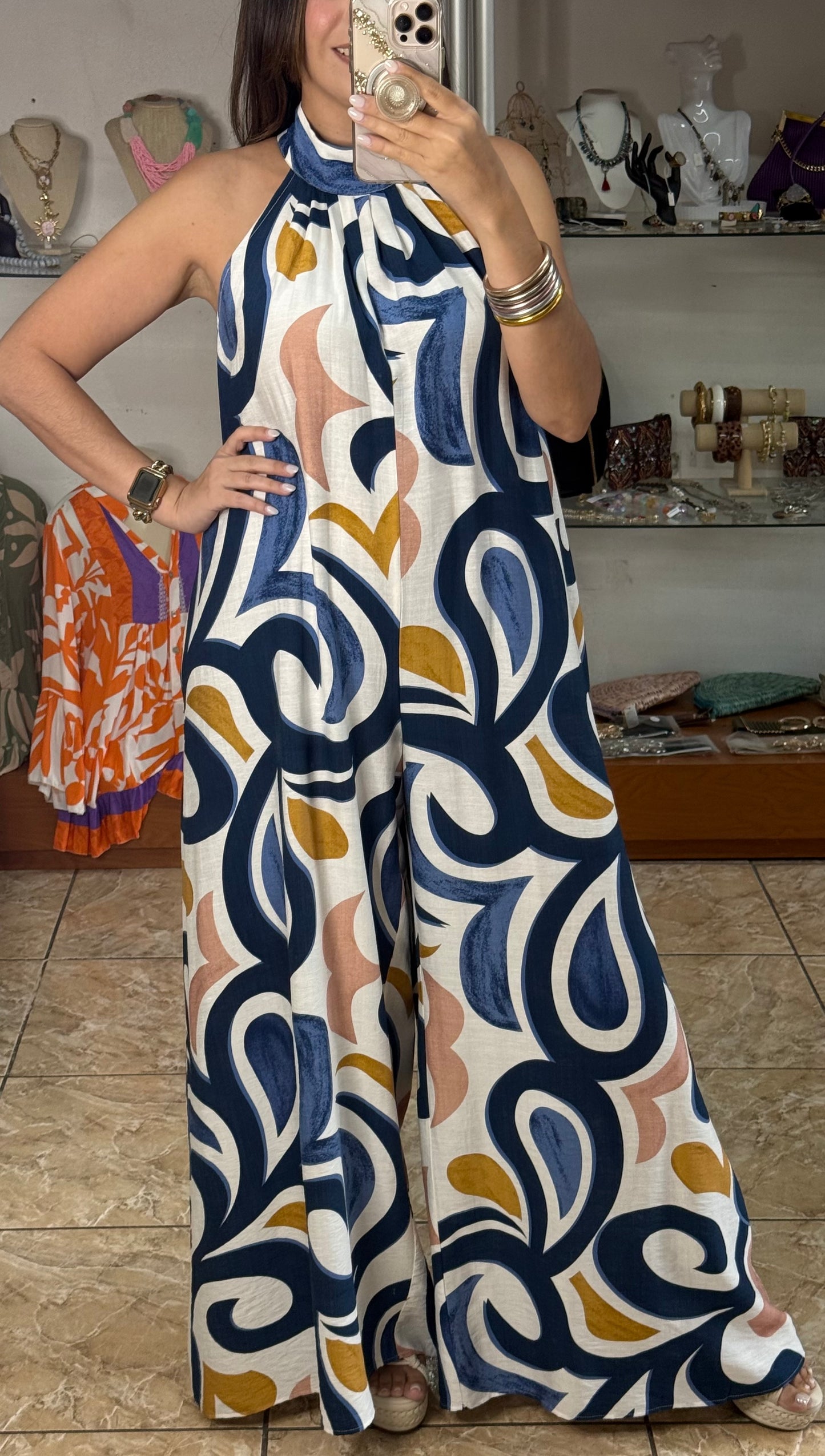 Blue Mix Halter Jumpsuit