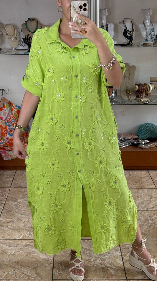 OS Embroidered/Sequins Linen Maxi Dress (NO RETURNS OR EXCHANGE)