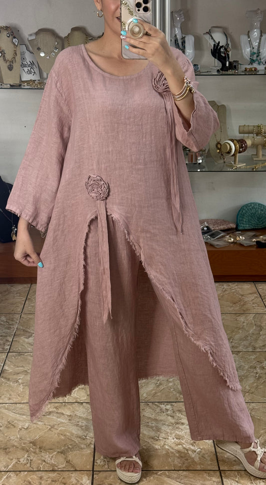 Dusty Rose OS Asymmetrical Top and Pant Linen Set (NO RETURNS OR EXCHANGE)