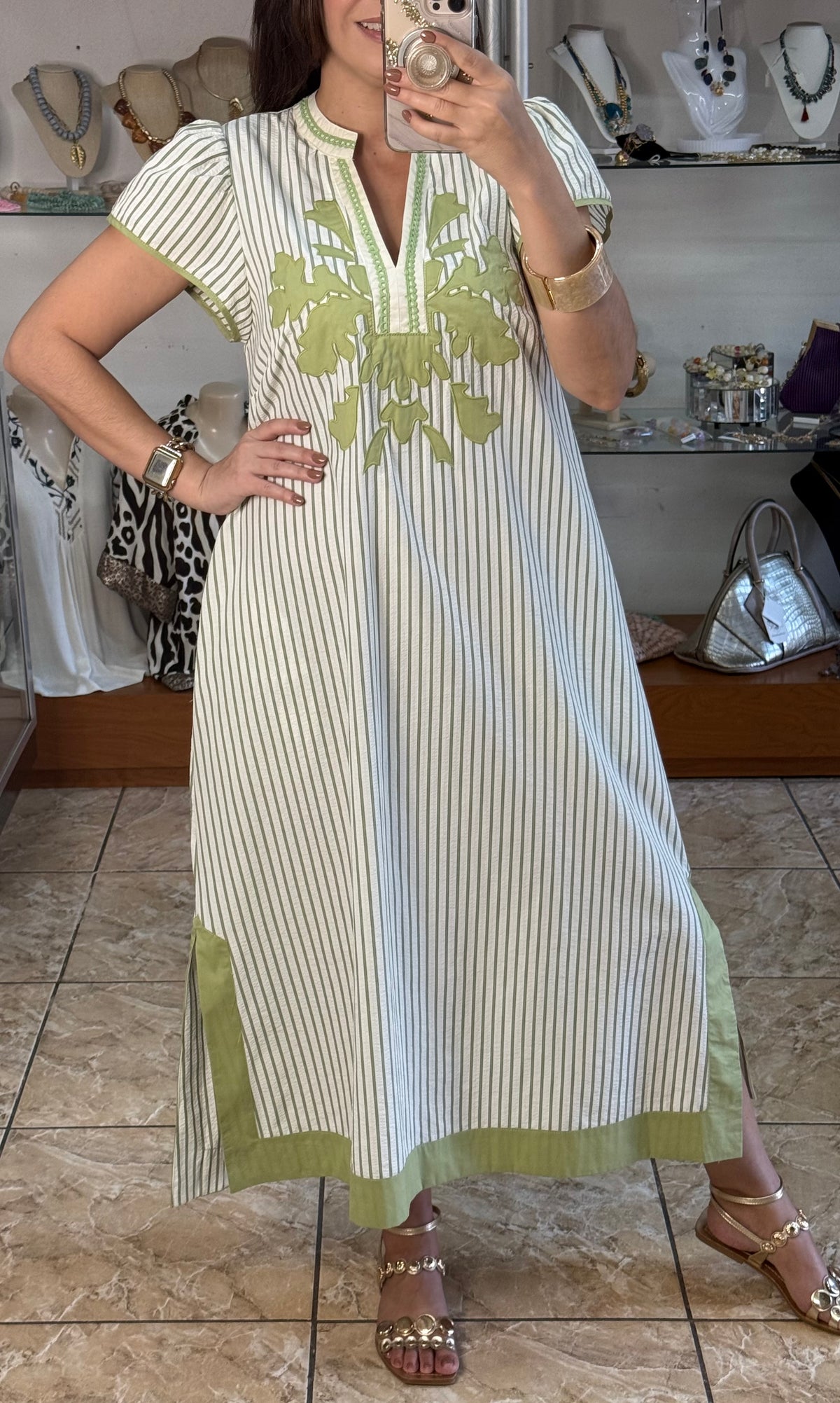 Sage Stripes Embroidered Midi Dress