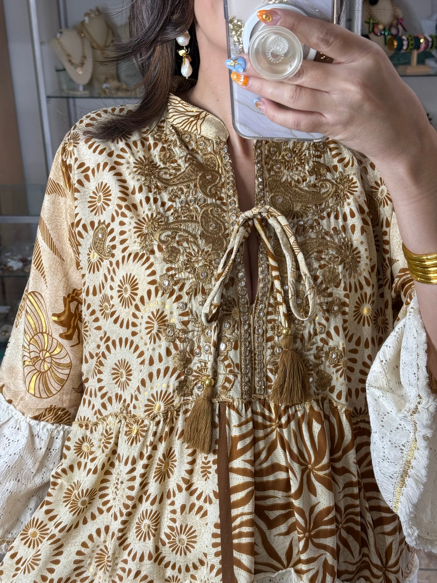 Brown/Cream/Gold OS Boho Dress