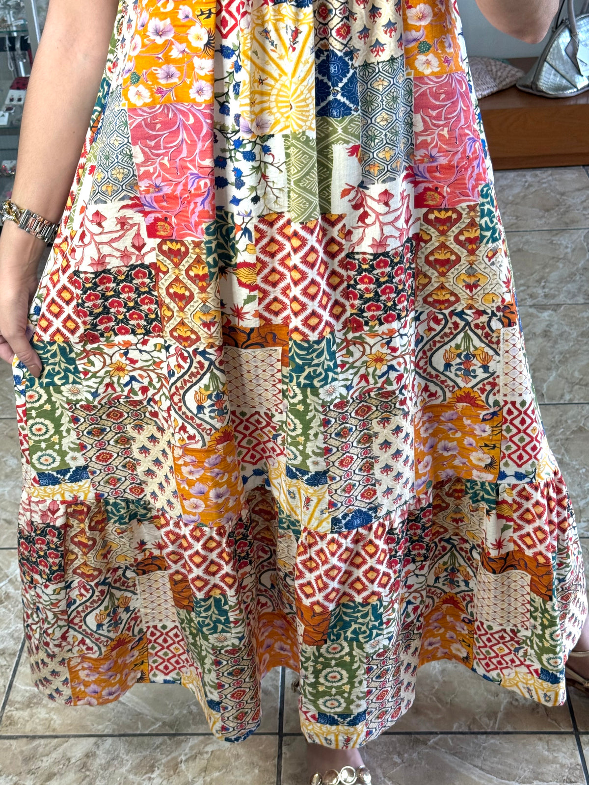 Patchwork Print Ruffle Sleeve Tiered Midi Dress