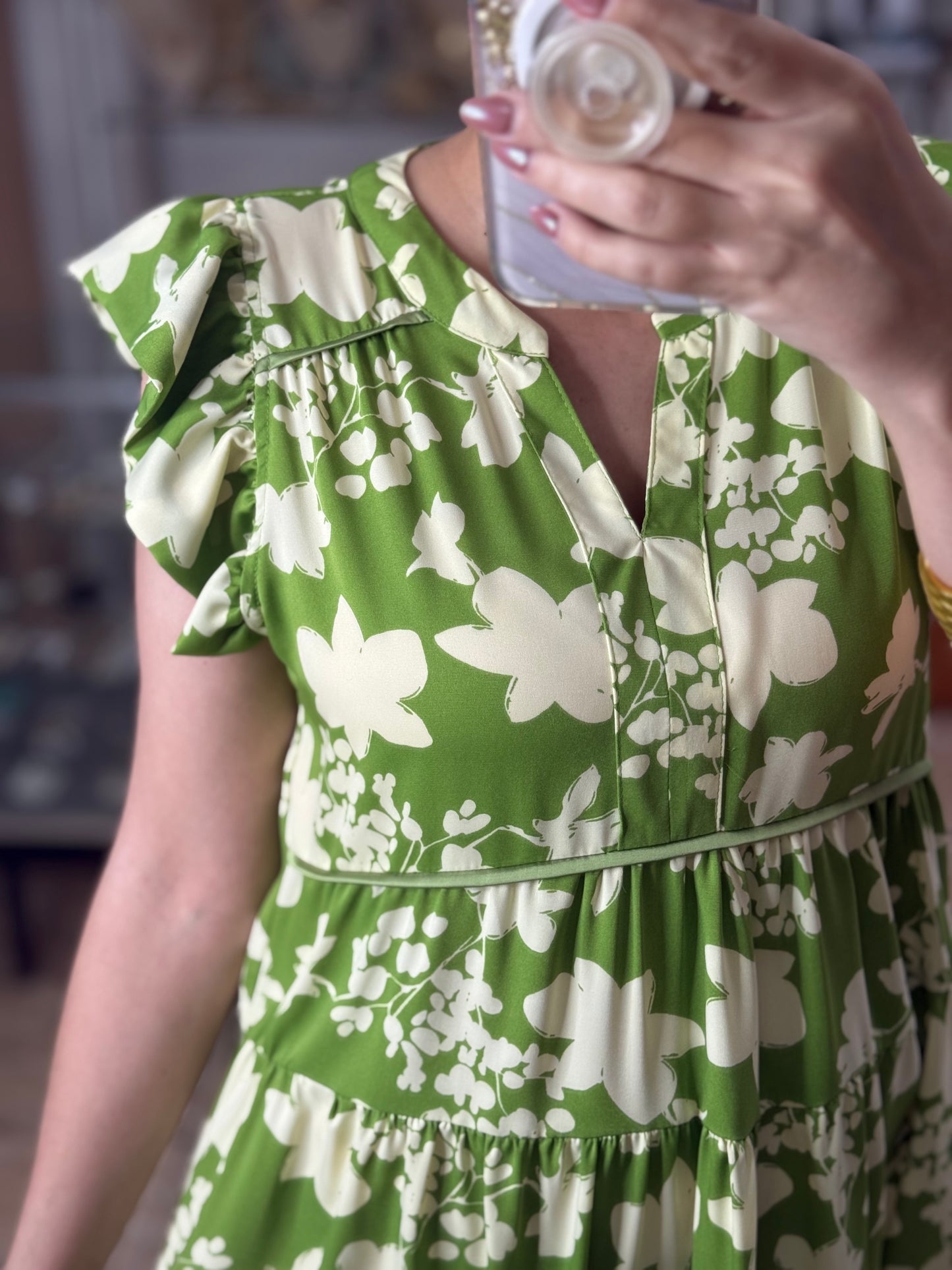 Green/Cream Ruffle Sleeves Mini Dress