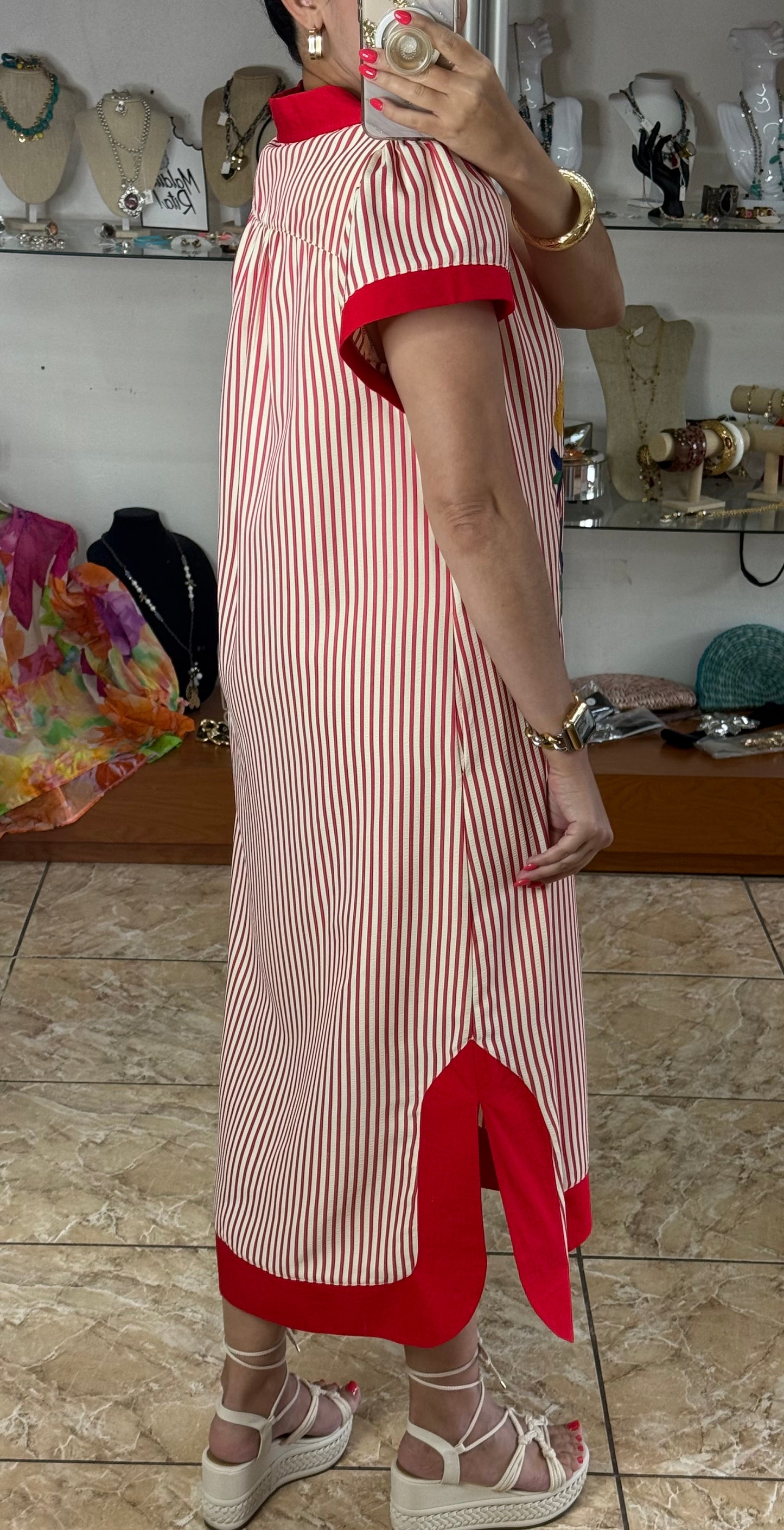 Red Stripes Embroidered Midi Dress