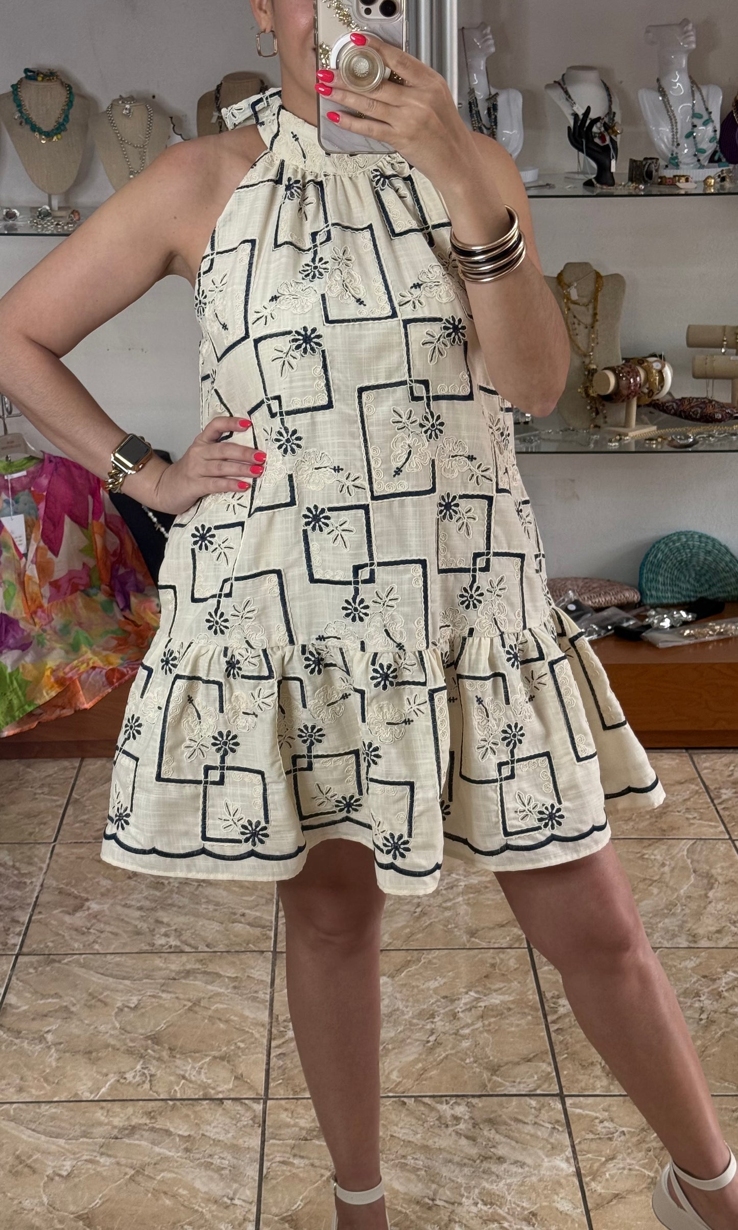 Halter Embroidered Mini Dress