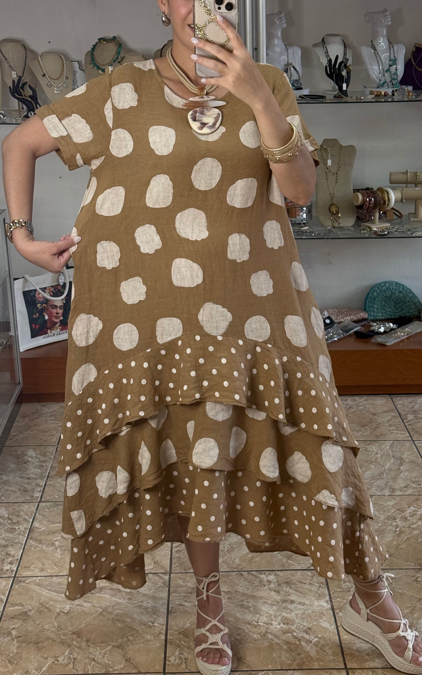 Polka OS Ruffle Tiered Linen Midi Dress (NO RETURNS OR EXCHANGE)