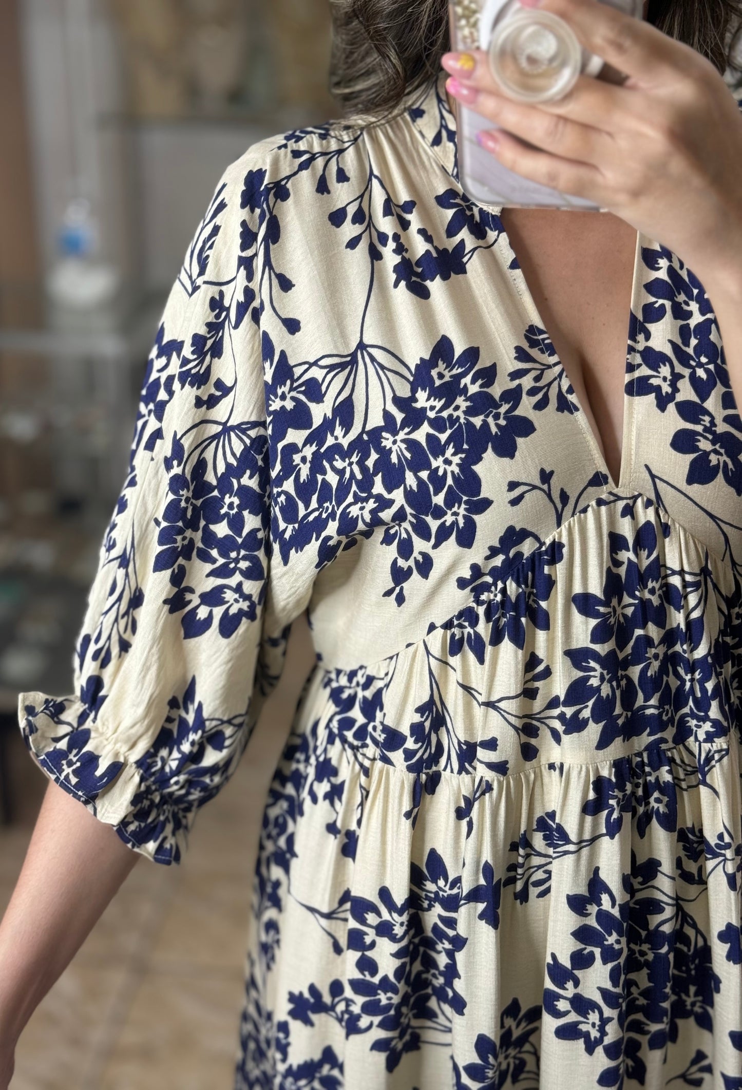 Cream/Navy Floral Maxi Dress