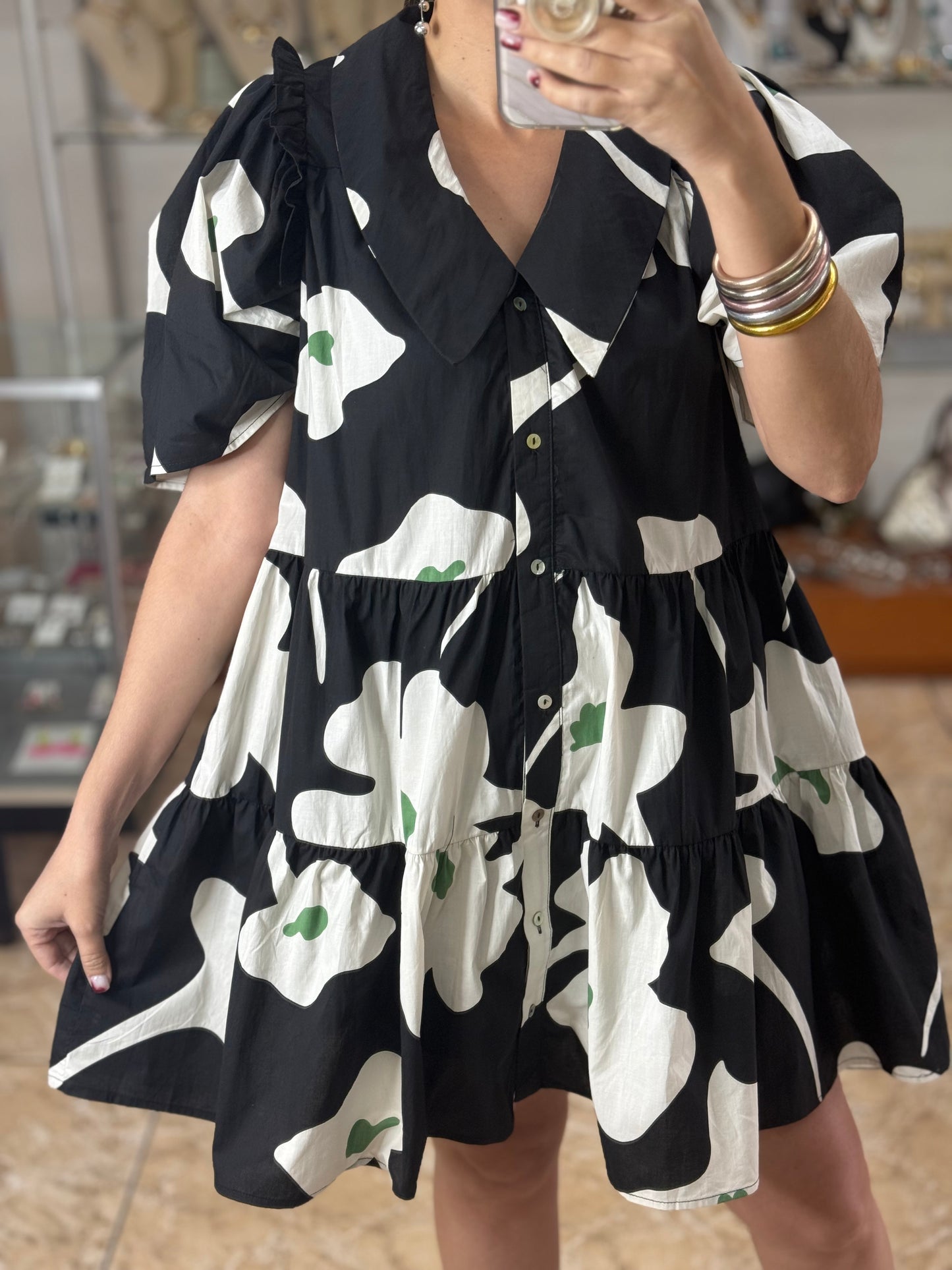 Puff Sleeves Black Floral Mini Doll Dress