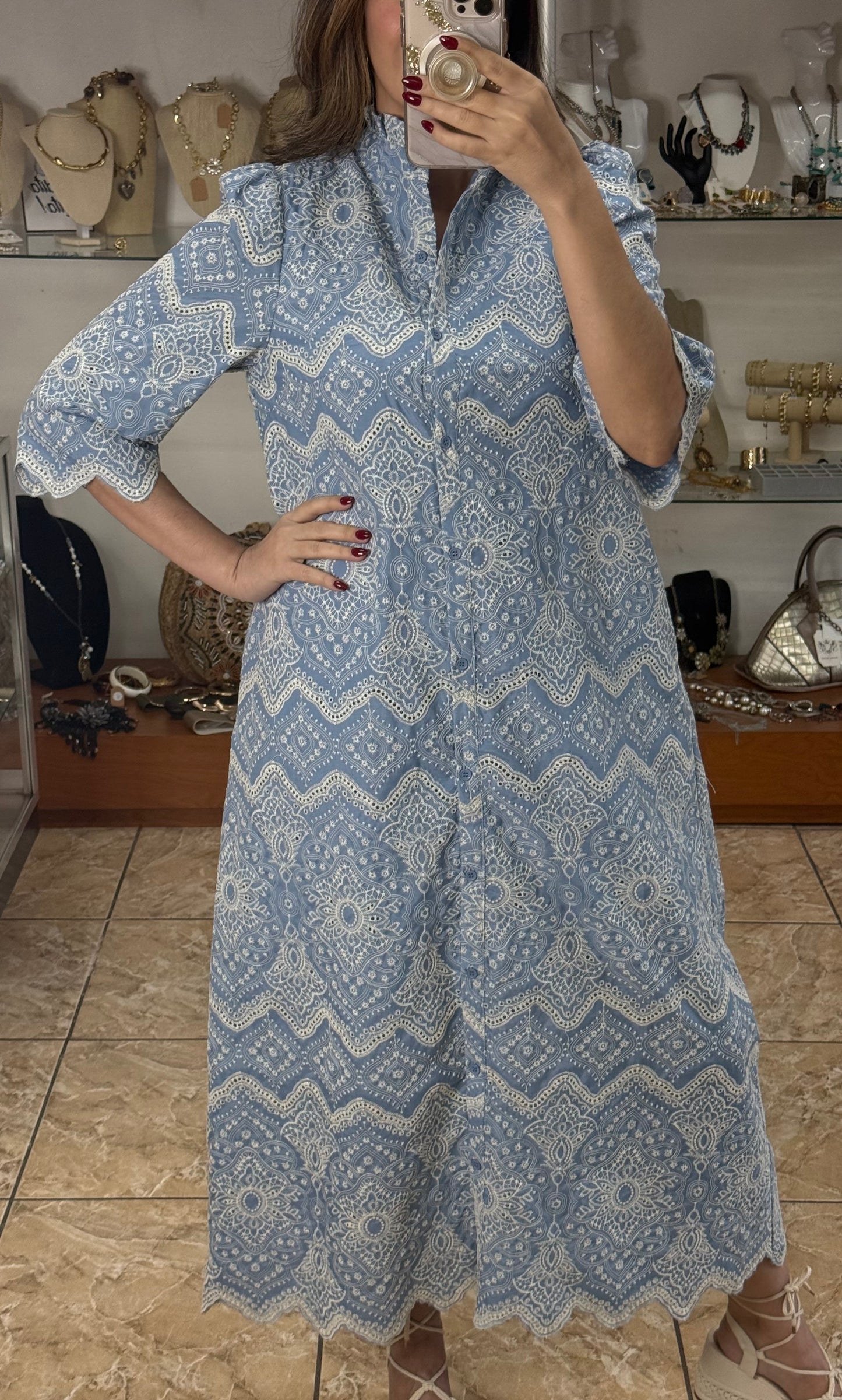Blue Embroidered Eyelet Midi Dress