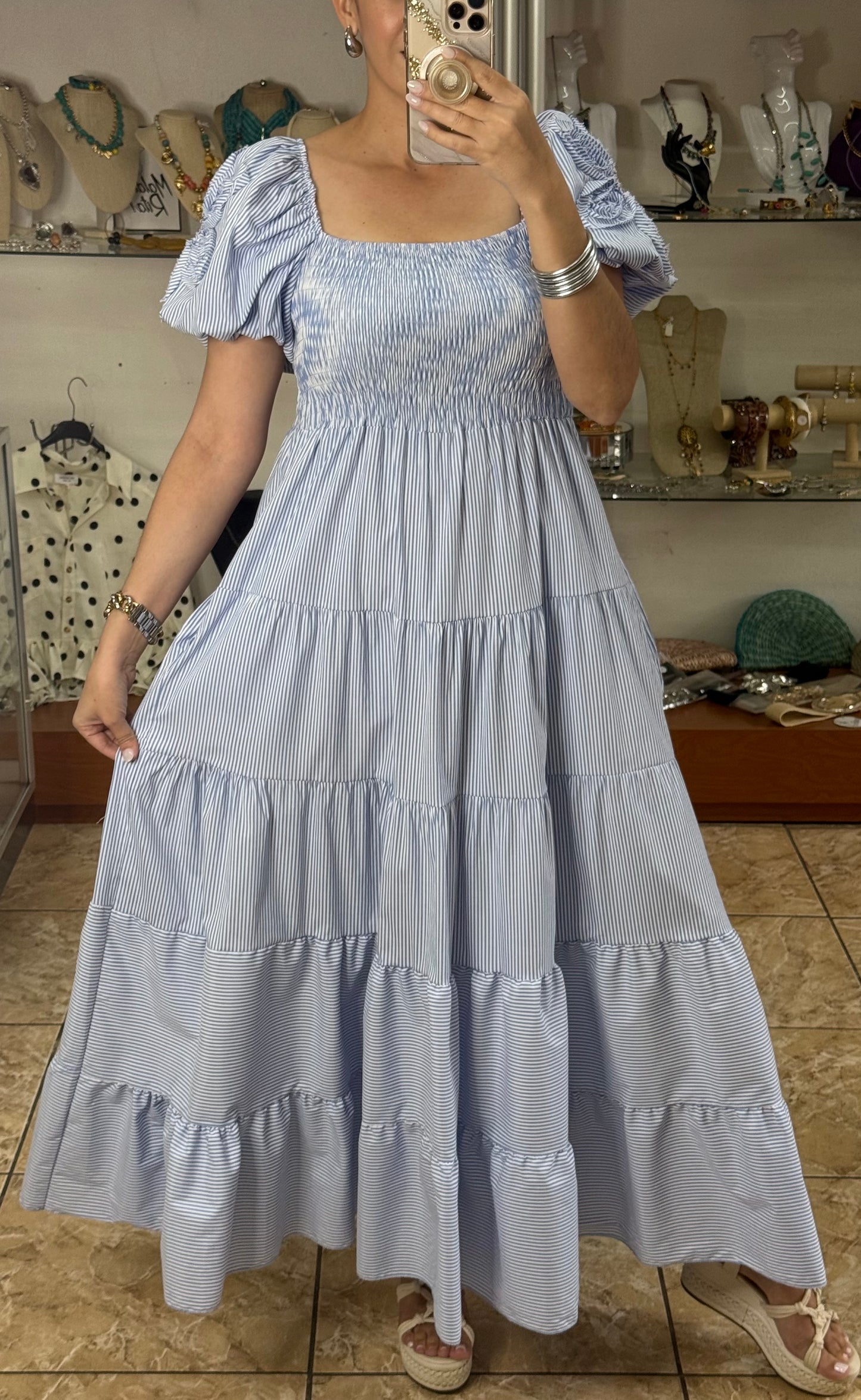 Blue Stripes Puff Sleeves OS Maxi Dress (NO RETURNS OR EXCHANGE)