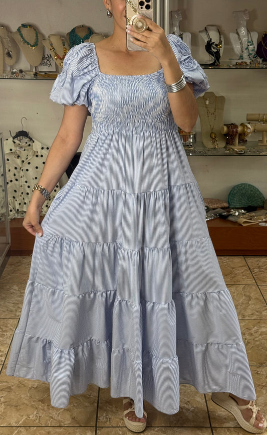 Blue Stripes Puff Sleeves OS Maxi Dress (NO RETURNS OR EXCHANGE)